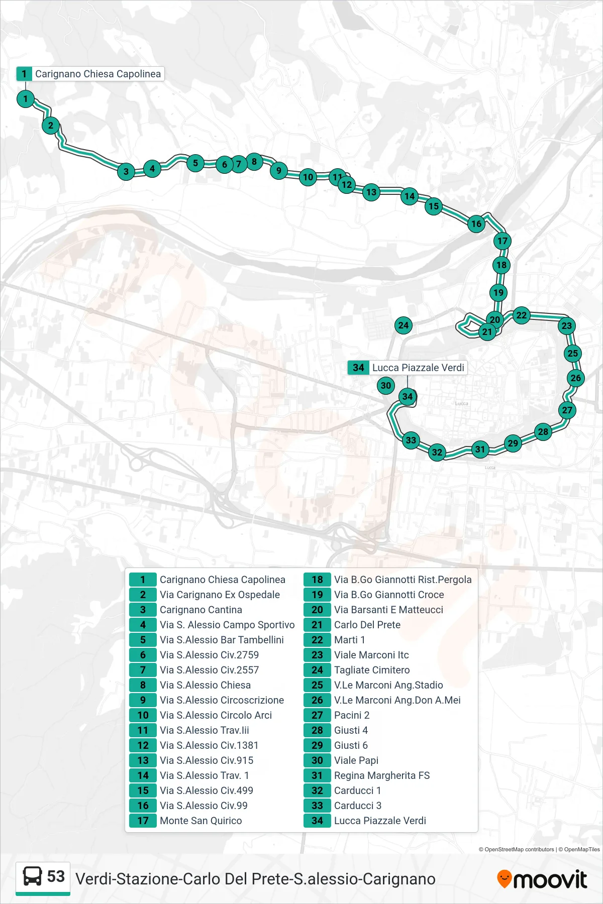Linea 53 bus (Lucca Piazzale Verdi) - Percorsi e fermate sulla mappa