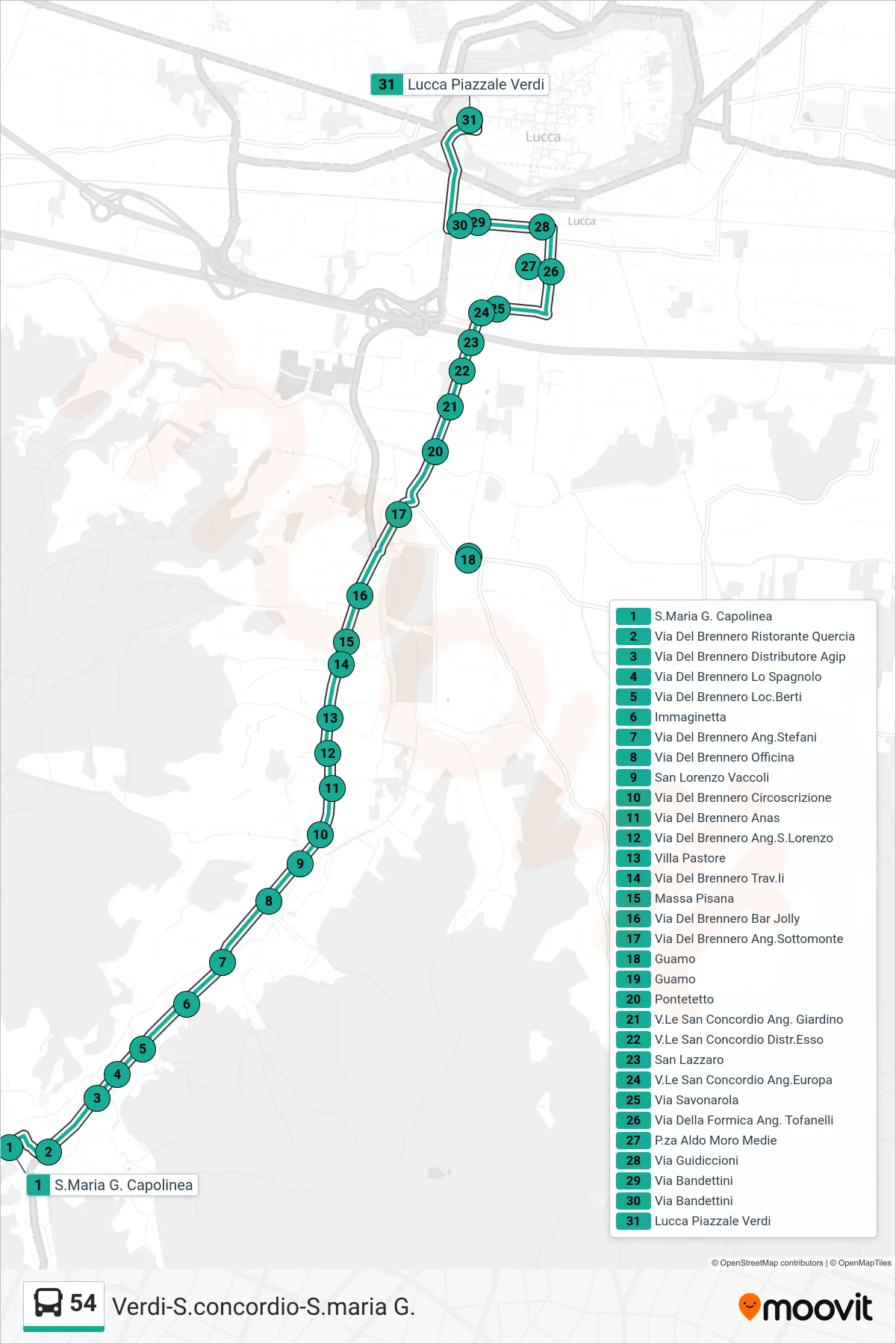 Linea 54 bus (Lucca Piazzale Verdi) - Percorsi e fermate sulla mappa