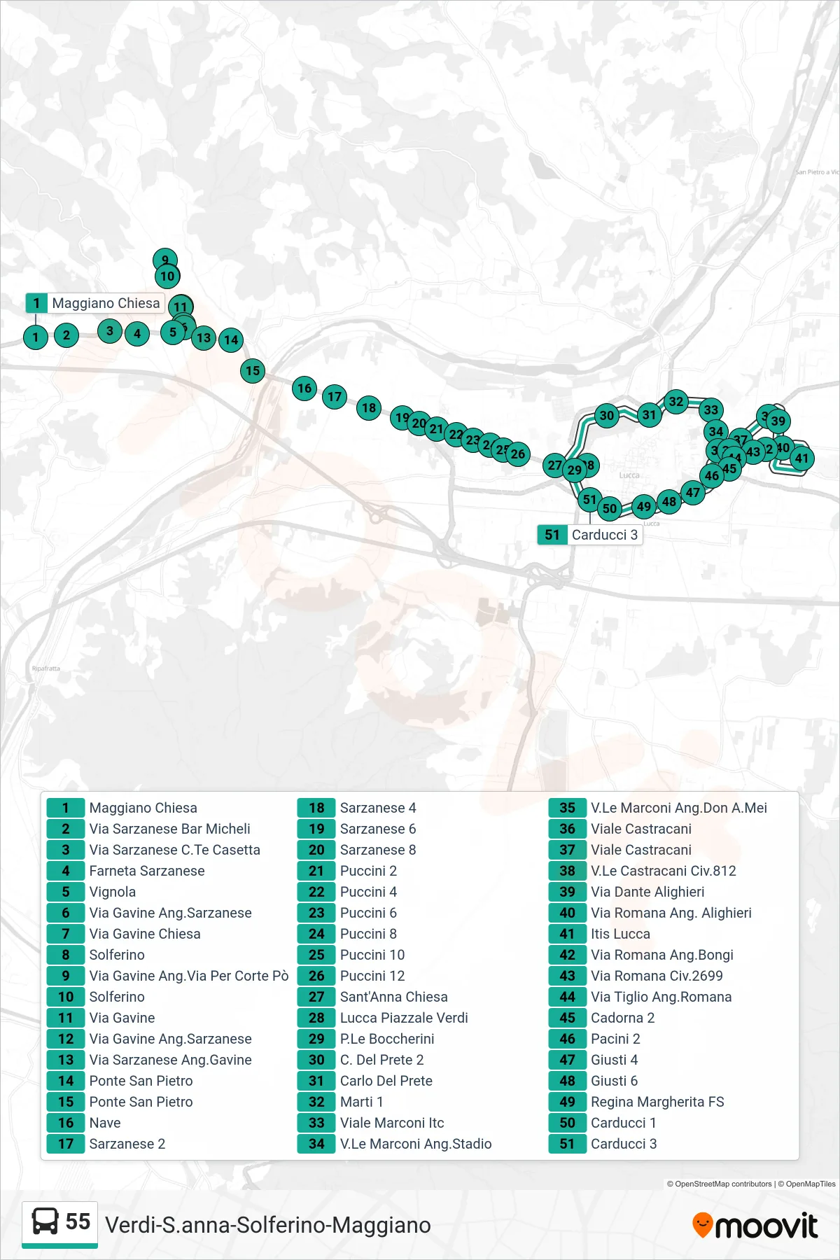 Linea 55  bus (Lucca Piazzale Verdi) - Percorsi e fermate sulla mappa