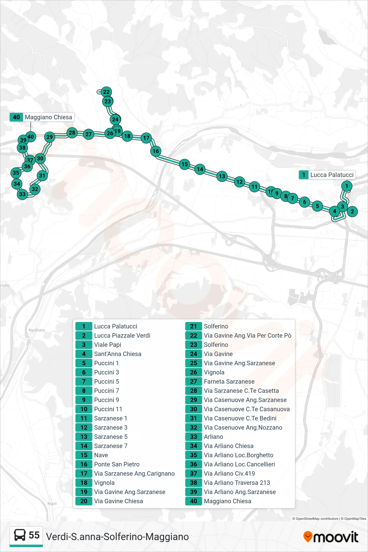 Linea 55  bus (Maggiano Chiesa) - Percorsi e fermate sulla mappa