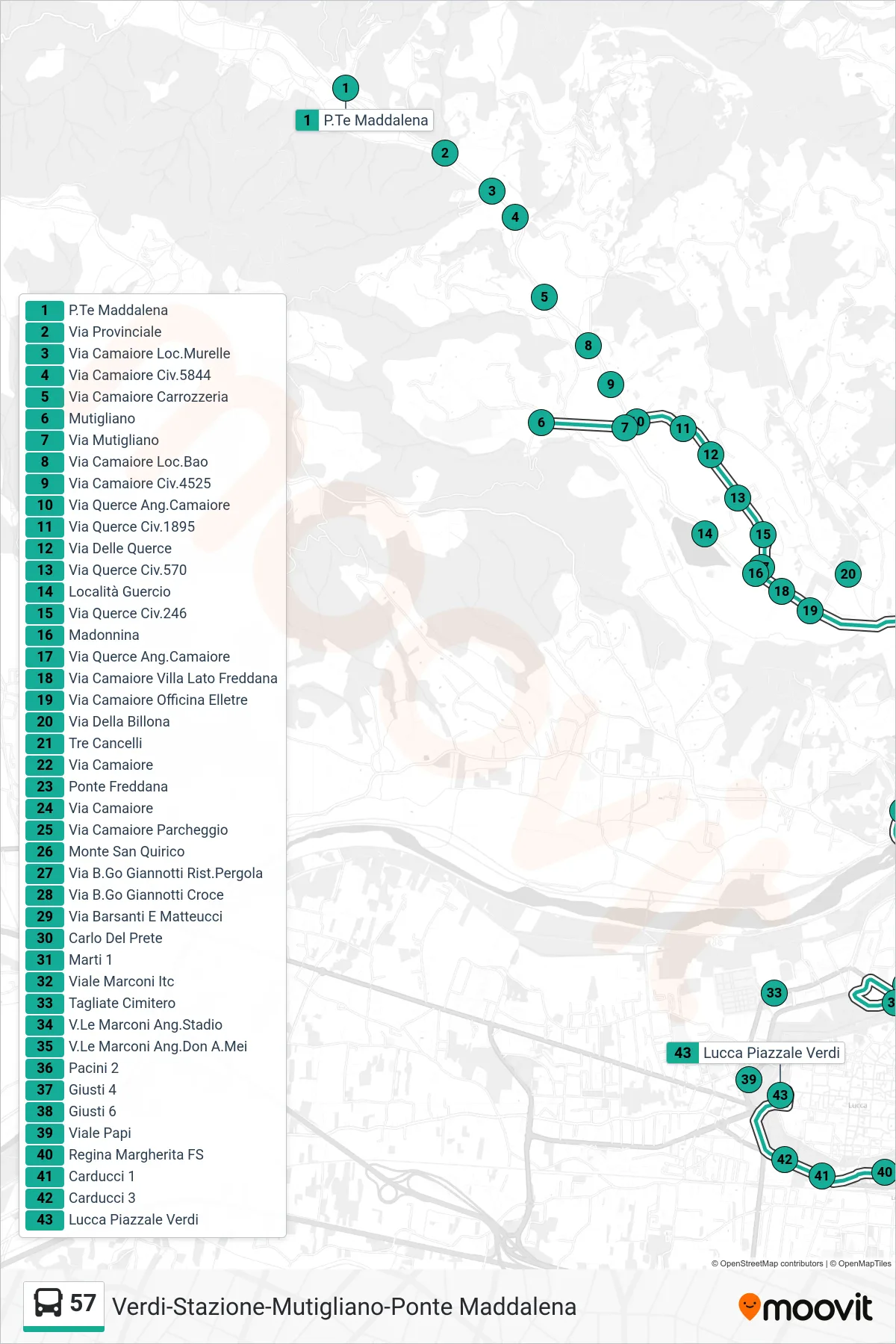 Linea 57  bus (Lucca Piazzale Verdi) - Percorsi e fermate sulla mappa