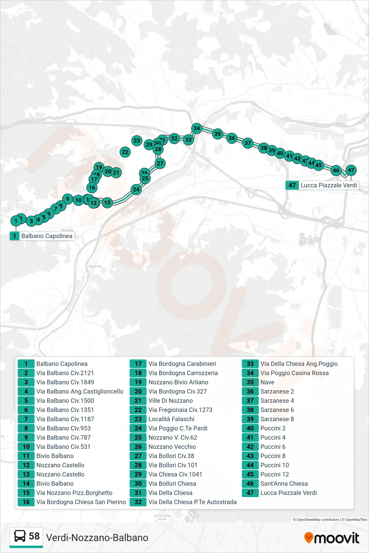 Linea 58  bus (Lucca Piazzale Verdi) - Percorsi e fermate sulla mappa