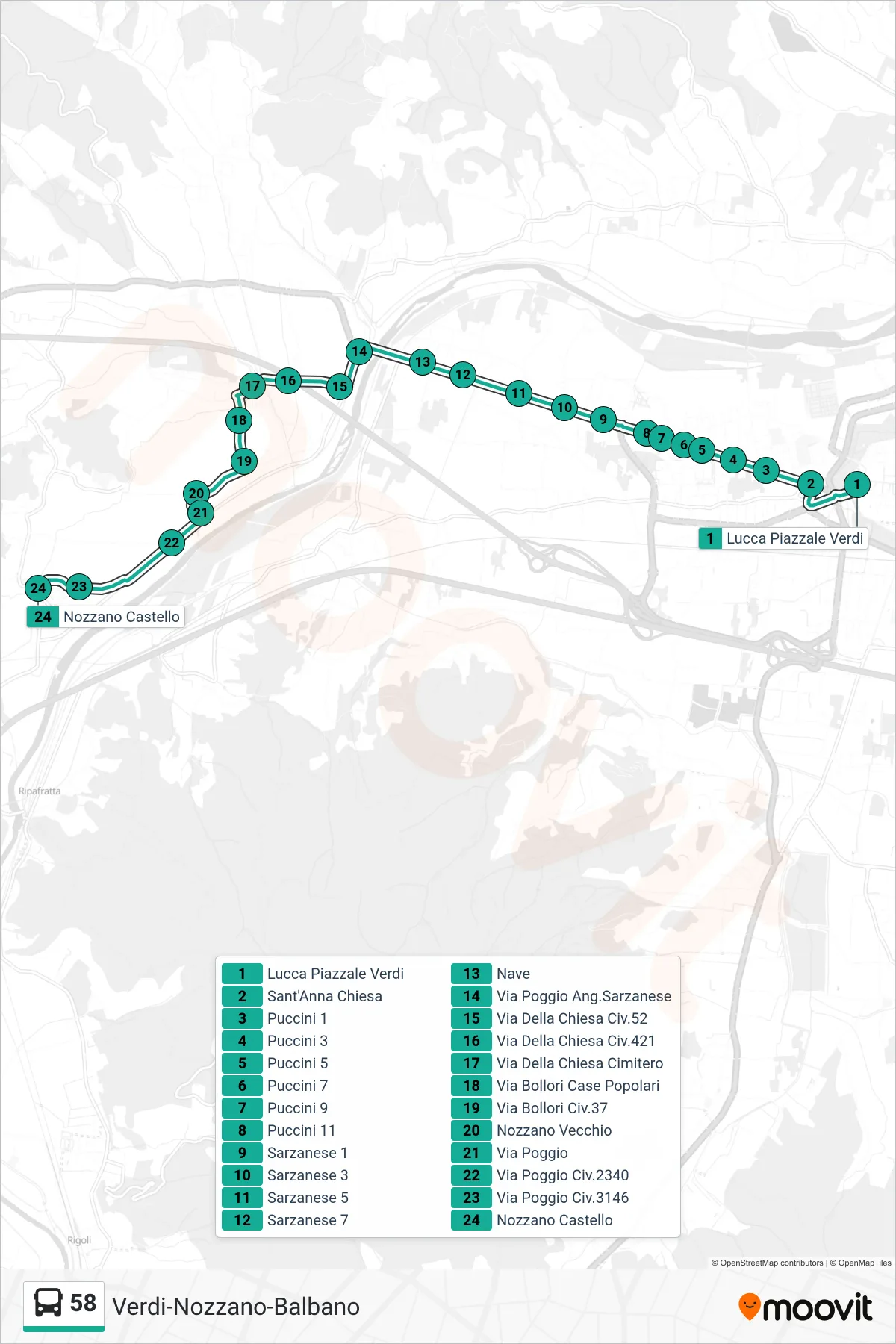 Linea 58 bus (Nozzano Castello) - Percorsi e fermate sulla mappa