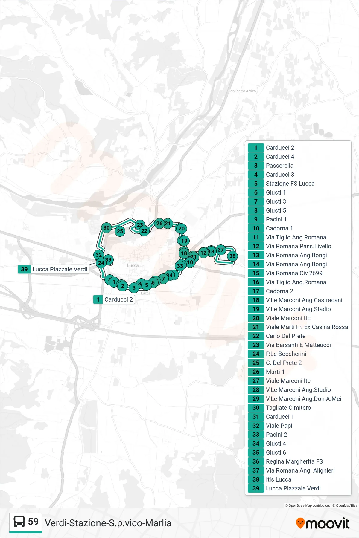 Linea 59  bus (Lucca Piazzale Verdi) - Percorsi e fermate sulla mappa
