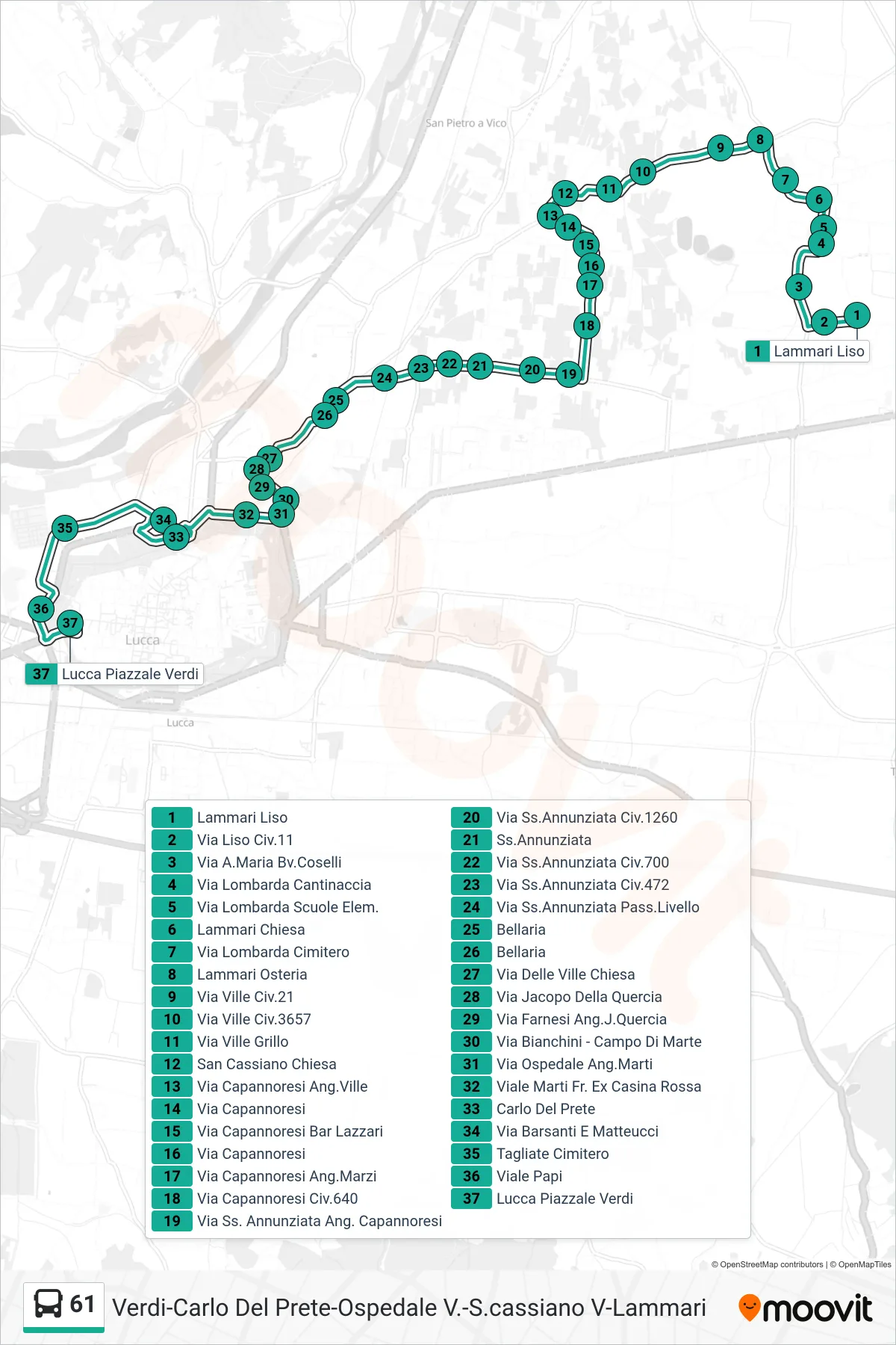 Linea 61  bus (Lucca Piazzale Verdi) - Percorsi e fermate sulla mappa