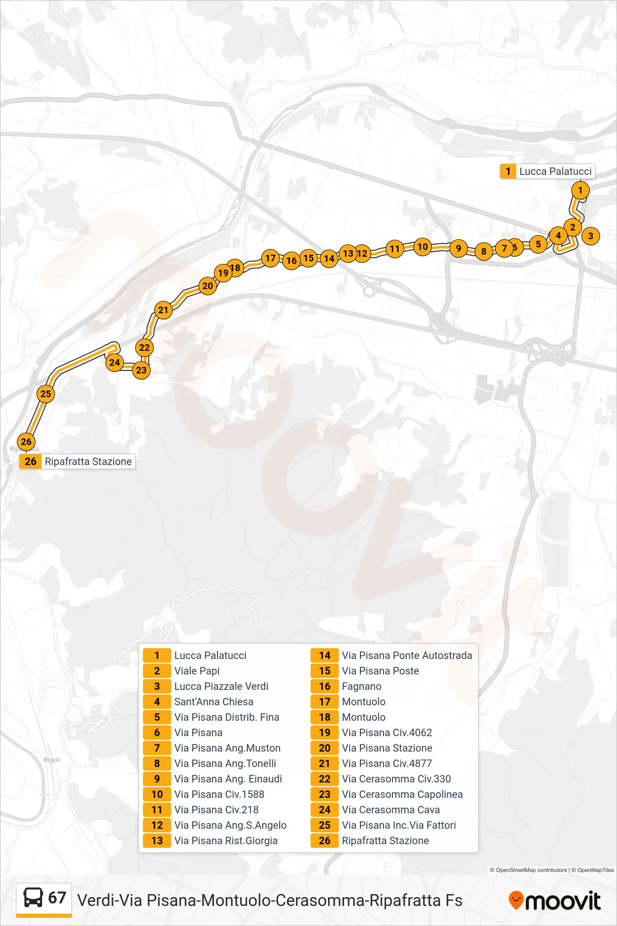Linea 67 bus (Ripafratta Stazione) - Percorsi e fermate sulla mappa