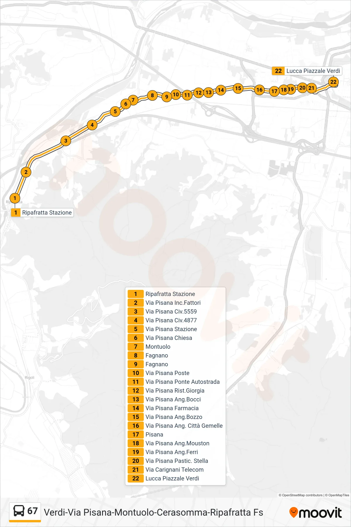 Linea 67 bus (Lucca Piazzale Verdi) - Percorsi e fermate sulla mappa