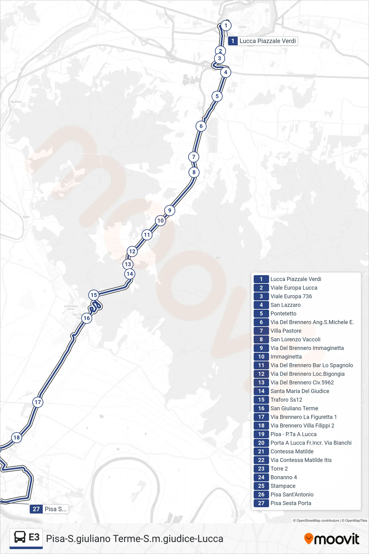 Linea E3  bus (Pisa Sesta Porta) - Percorsi e fermate sulla mappa
