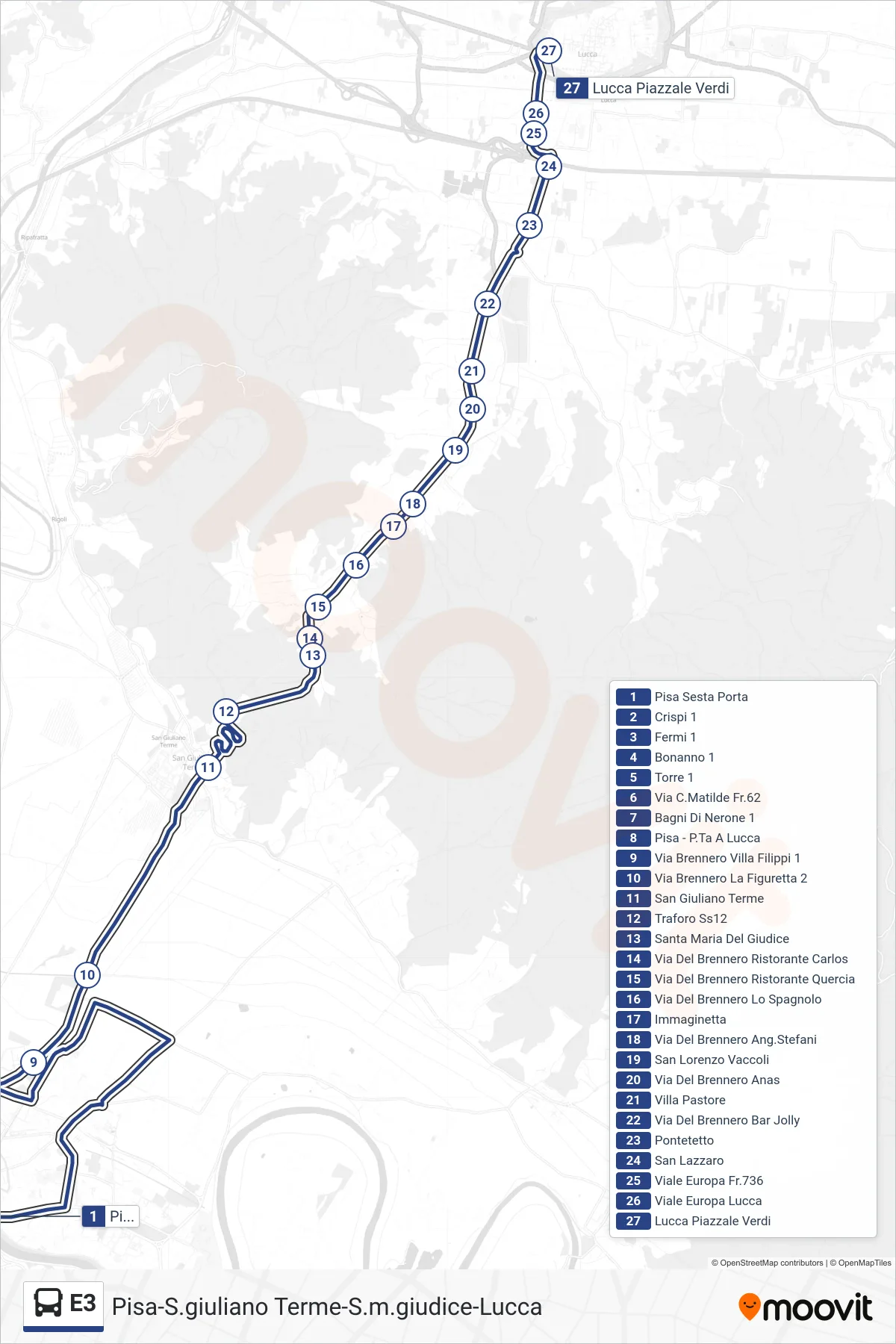 Linea E3 bus (Lucca Piazzale Verdi) - Percorsi e fermate sulla mappa