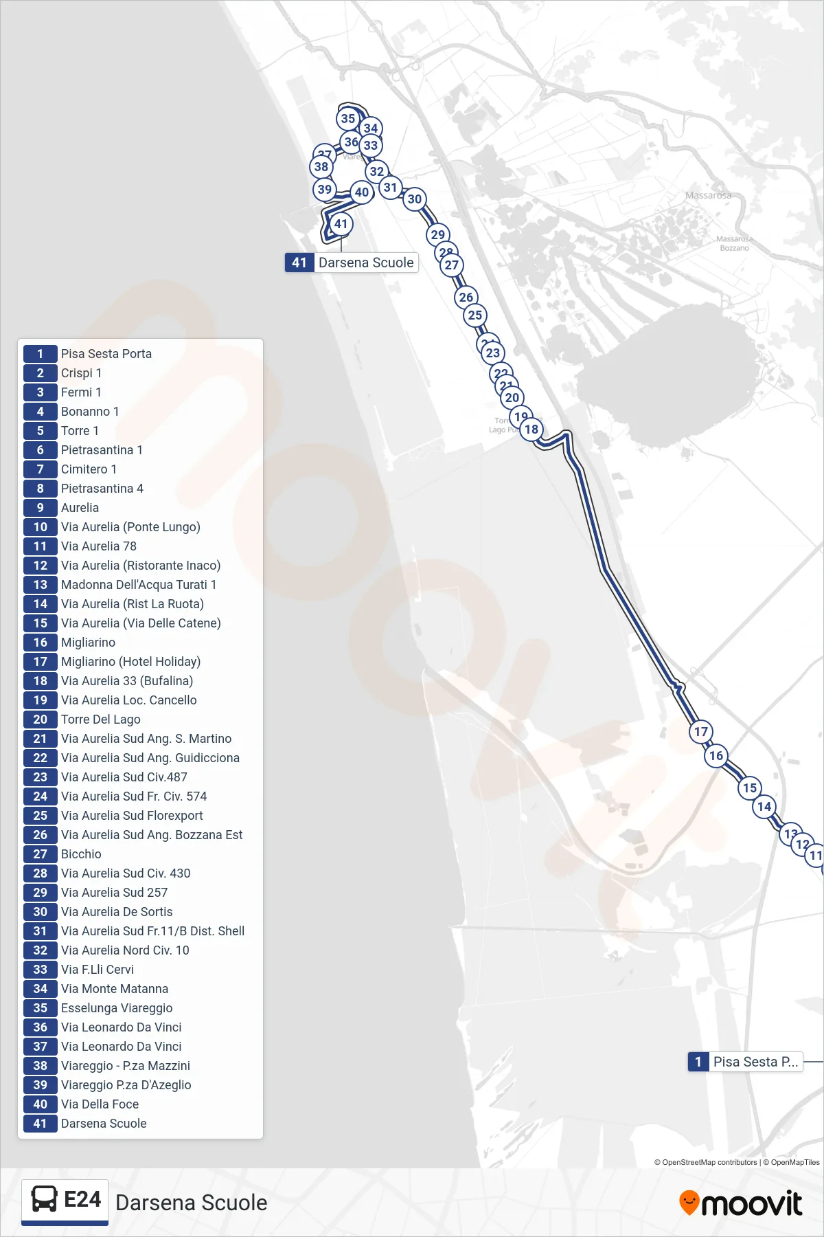 E24 bus Line (Darsena Schools) route and stops on a map