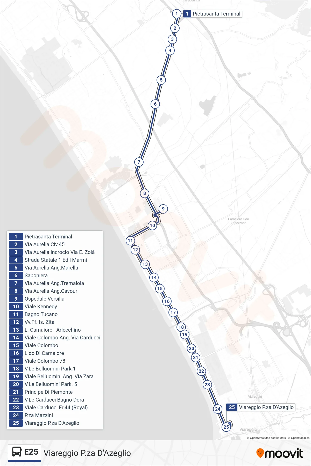 Linea E25 bus (Viareggio P.za D'Azeglio) - Percorsi e fermate sulla mappa
