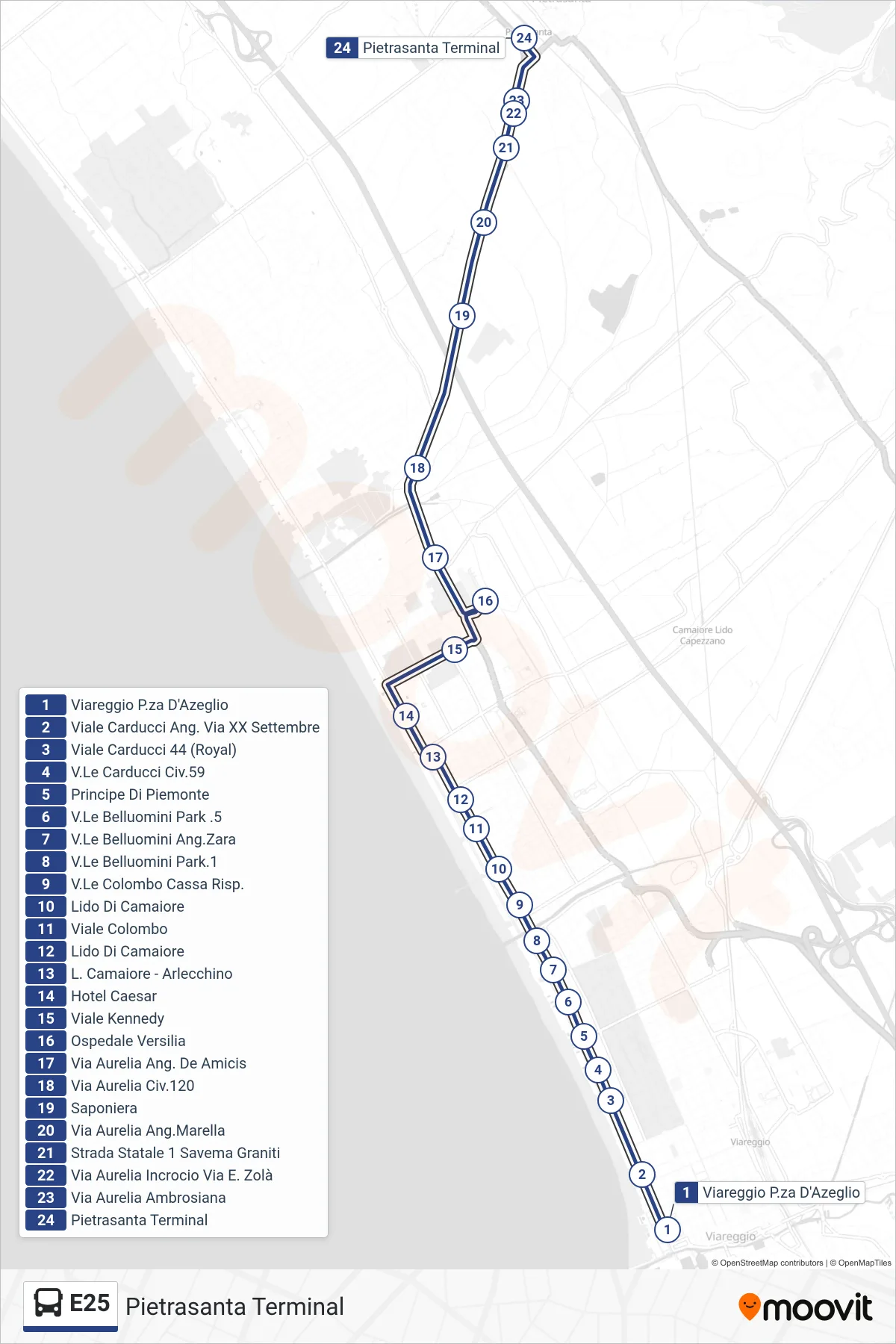 Linea E25 bus (Pietrasanta Terminal) - Percorsi e fermate sulla mappa