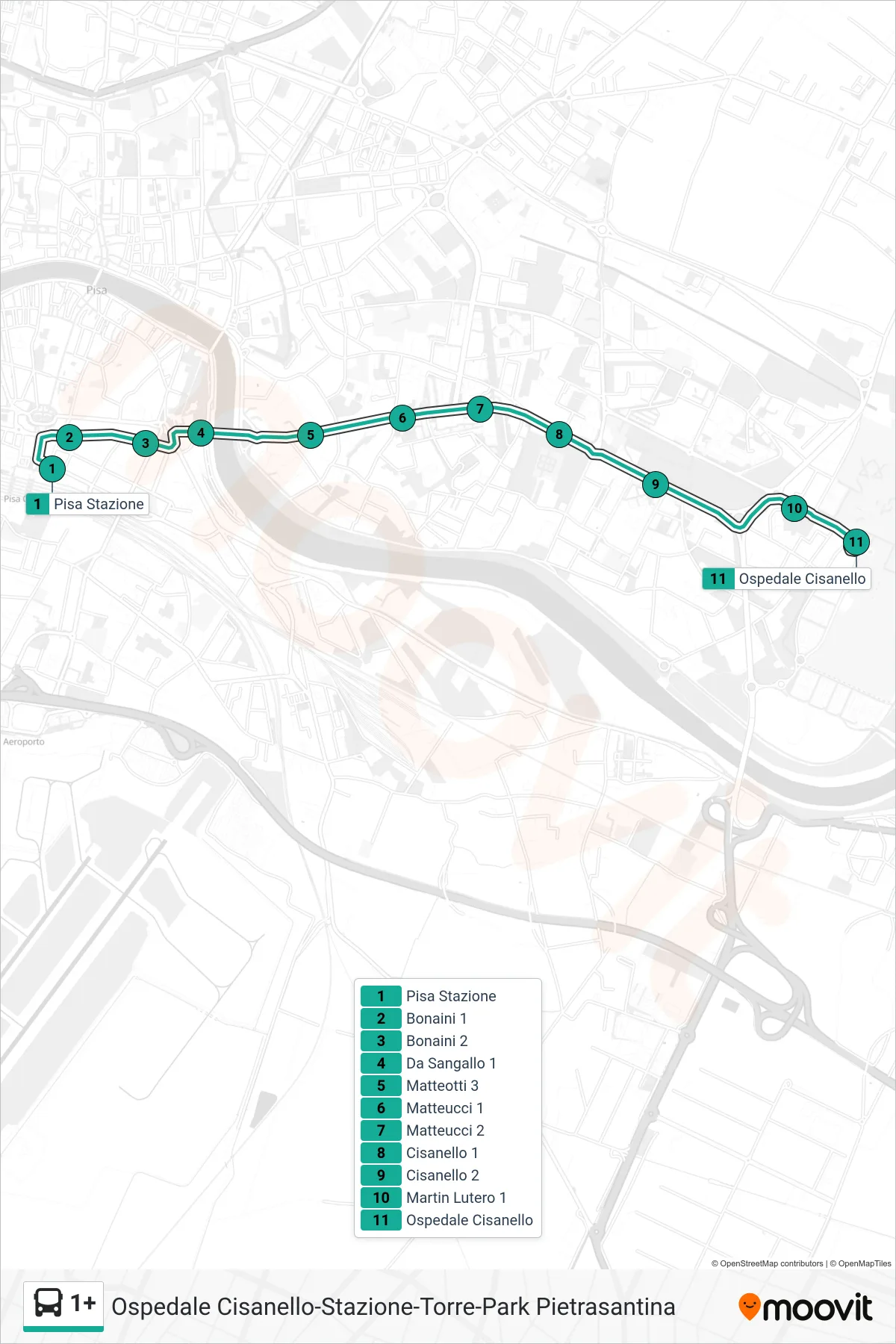 Linea 1+ bus (Ospedale Cisanello) - Percorsi e fermate sulla mappa