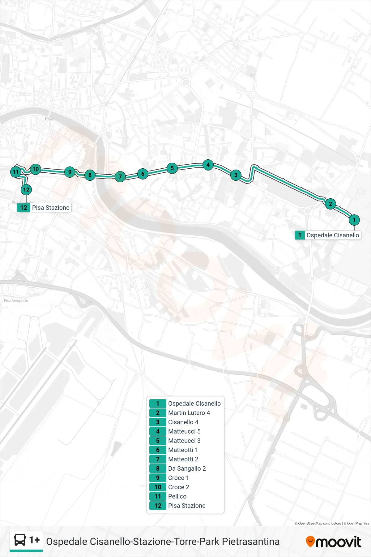 Linea 1+ bus (Pisa Stazione) - Percorsi e fermate sulla mappa