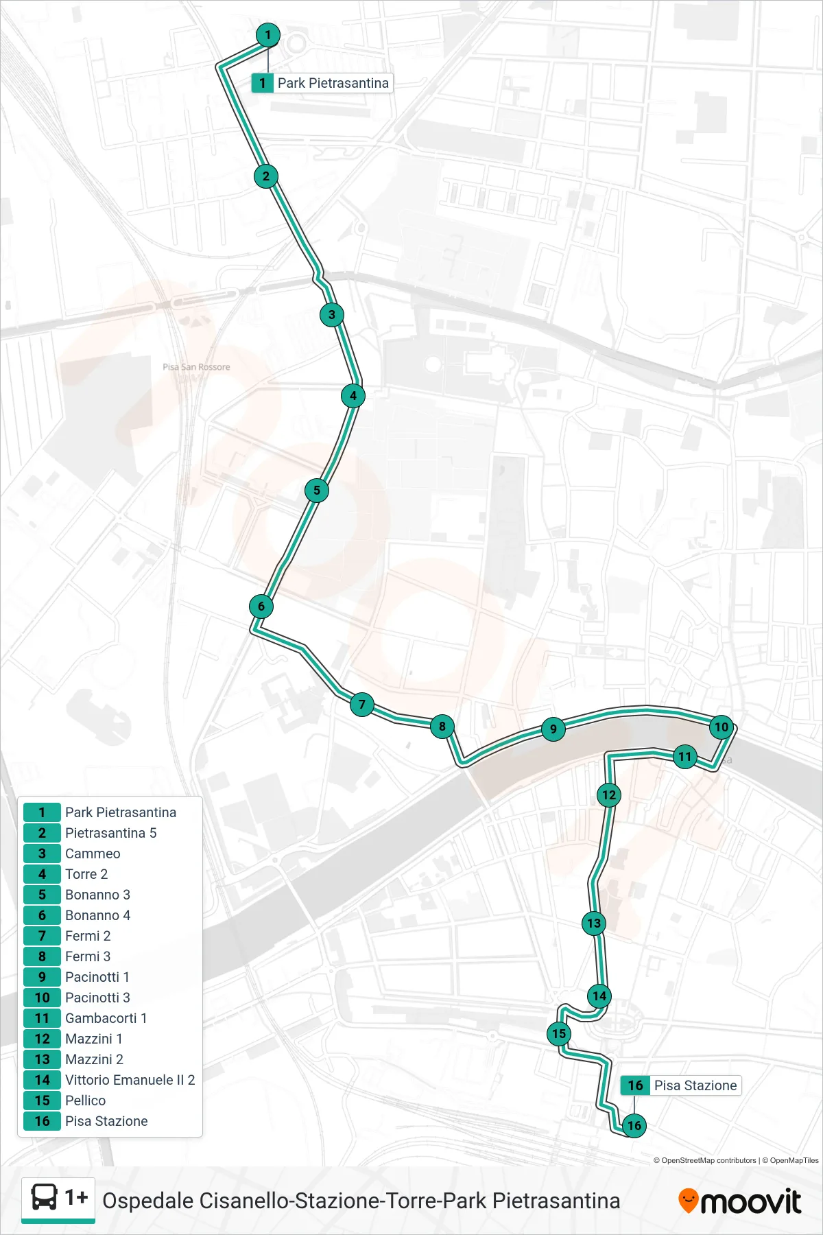 Linea 1+  bus (Pisa Stazione) - Percorsi e fermate sulla mappa