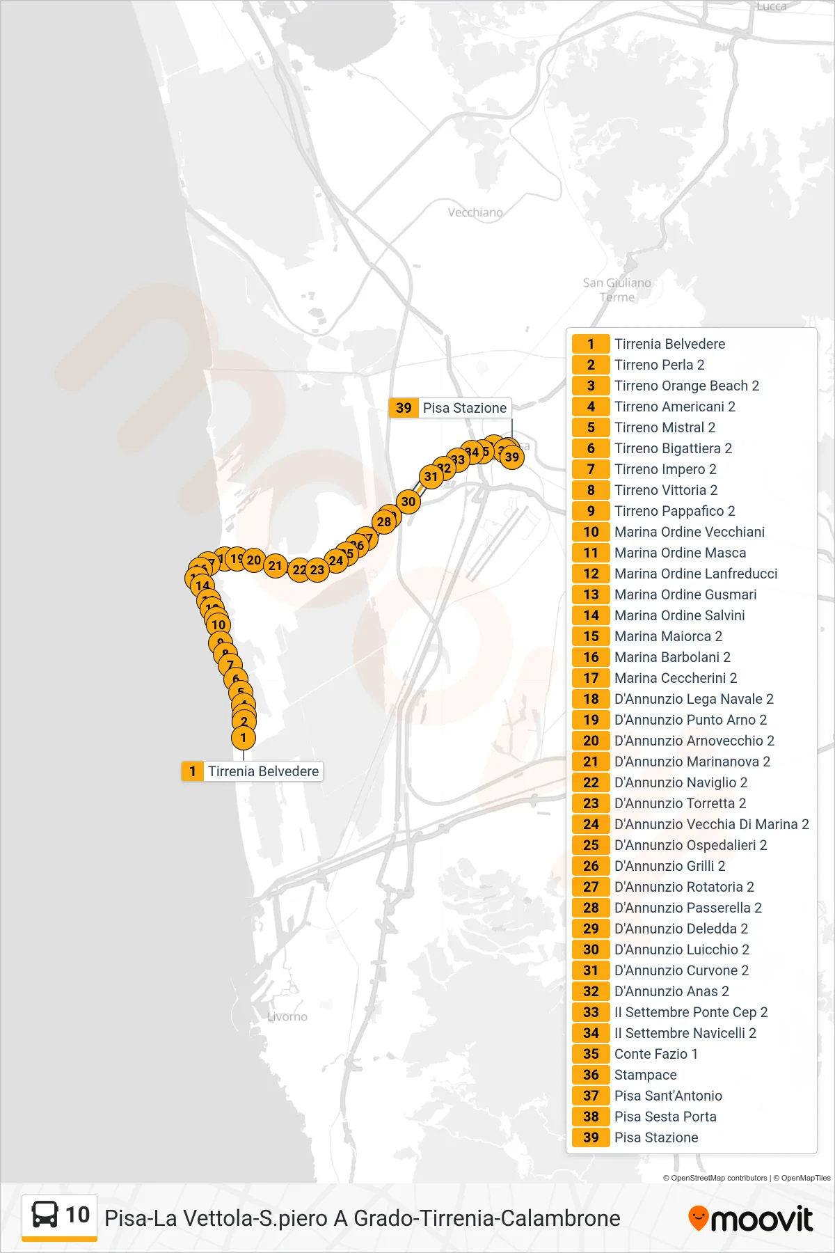 Linea 10 bus (Pisa Stazione) - Percorsi e fermate sulla mappa
