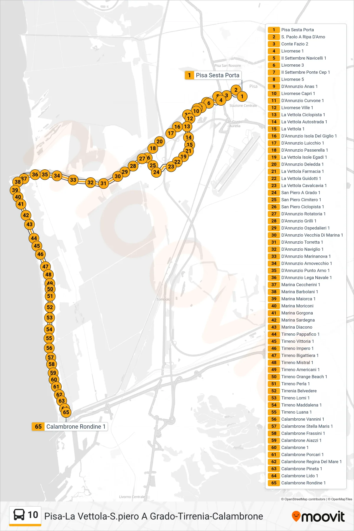 Linea 10  bus (Calambrone Rondine 1) - Percorsi e fermate sulla mappa