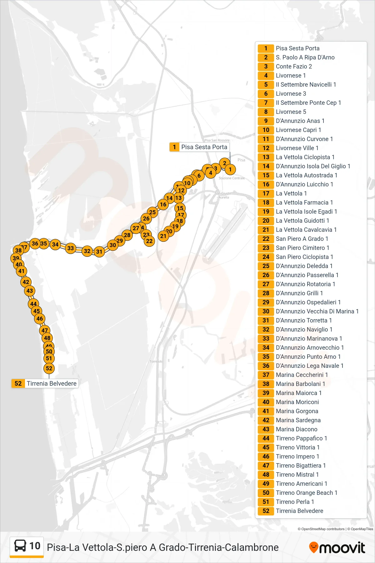 Linea 10  bus (Tirrenia Belvedere) - Percorsi e fermate sulla mappa