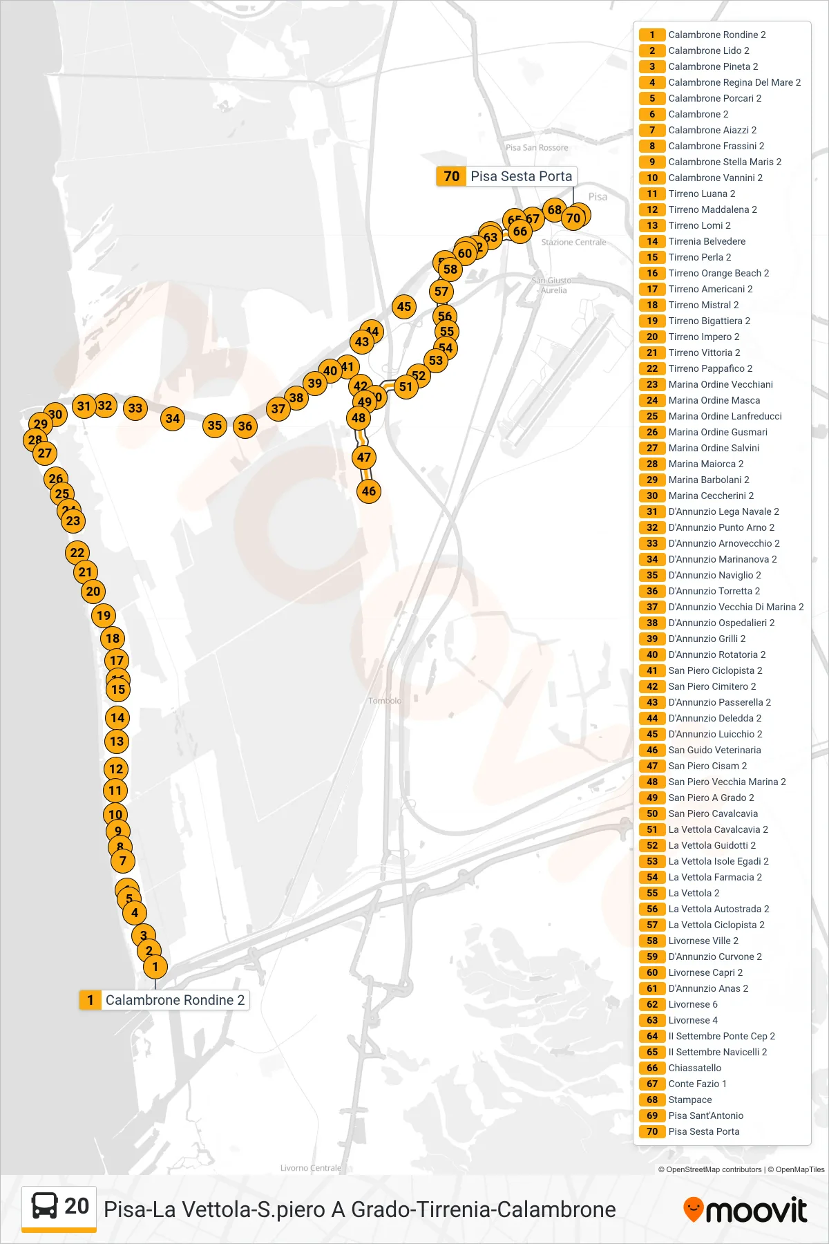 Linea 20 bus (Pisa Sesta Porta) - Percorsi e fermate sulla mappa