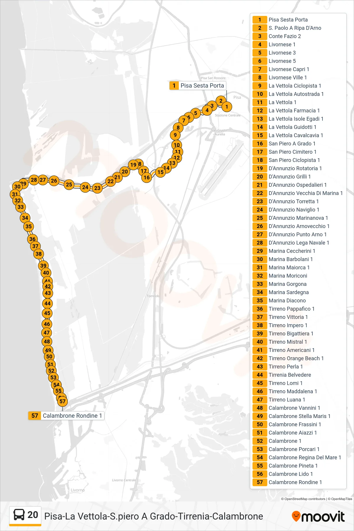 Linea 20  bus (Calambrone Rondine 1) - Percorsi e fermate sulla mappa