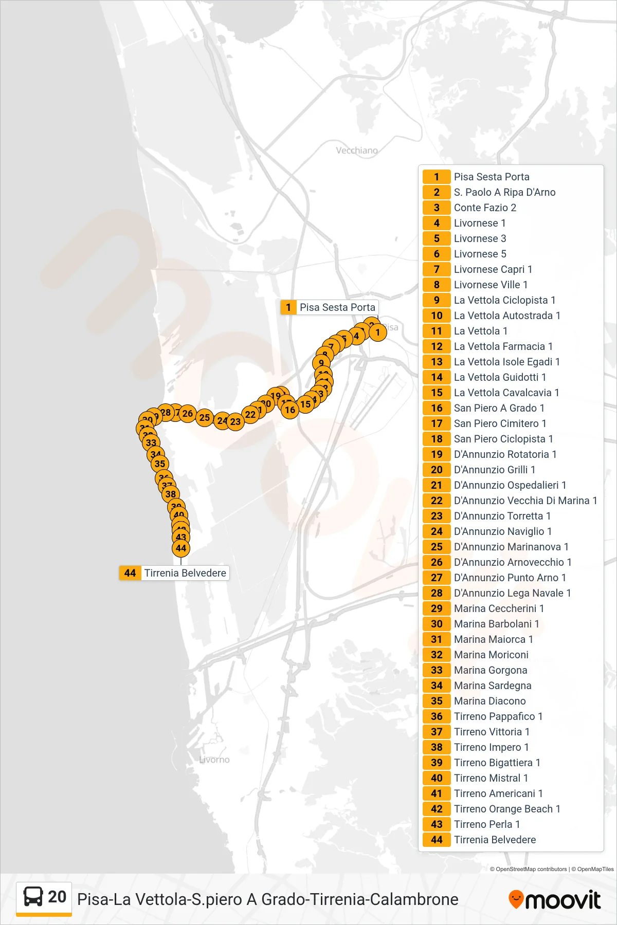 Linea 20 bus (Tirrenia Belvedere) - Percorsi e fermate sulla mappa