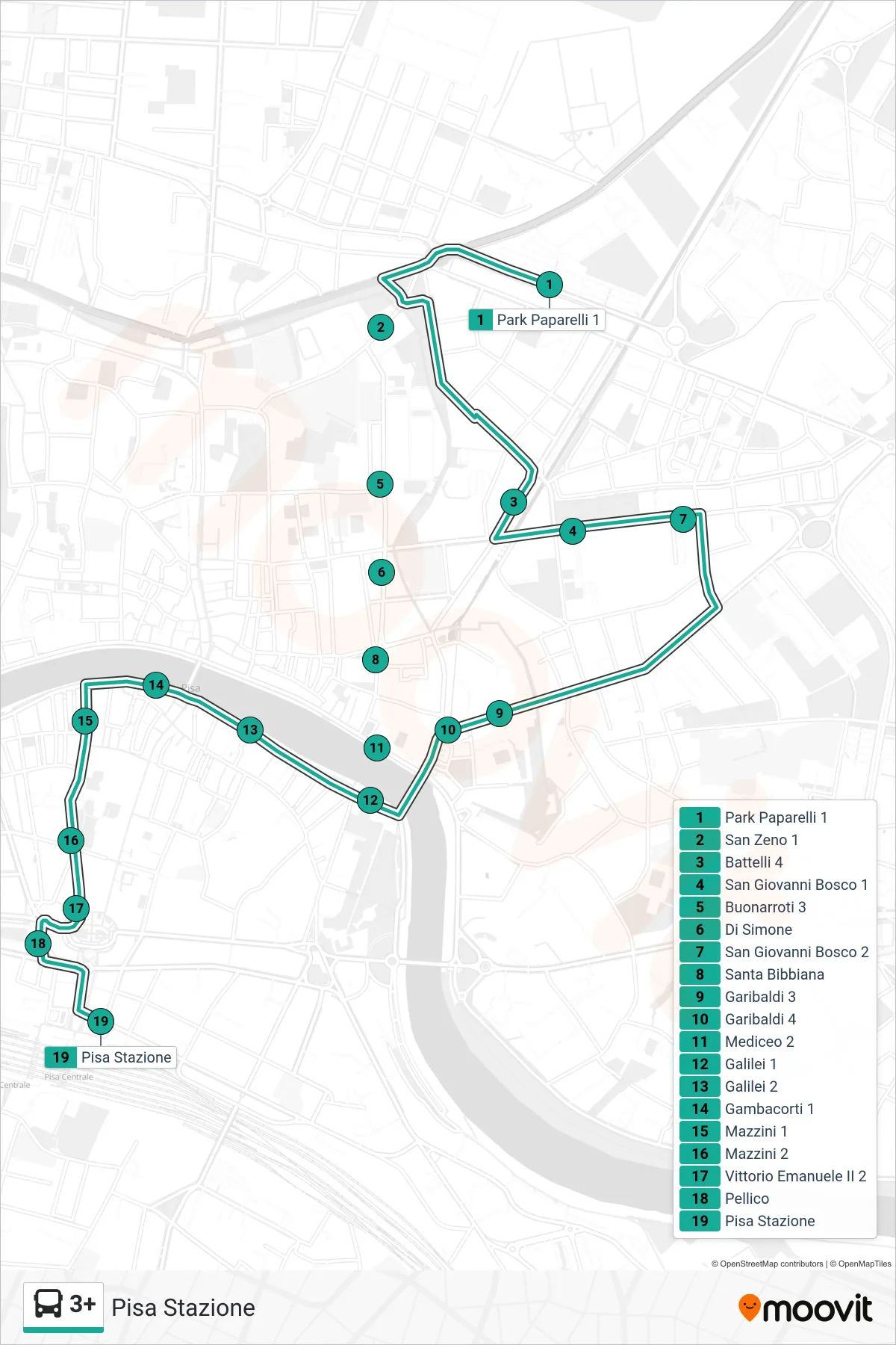 Linea 3+  bus (Pisa Stazione) - Percorsi e fermate sulla mappa