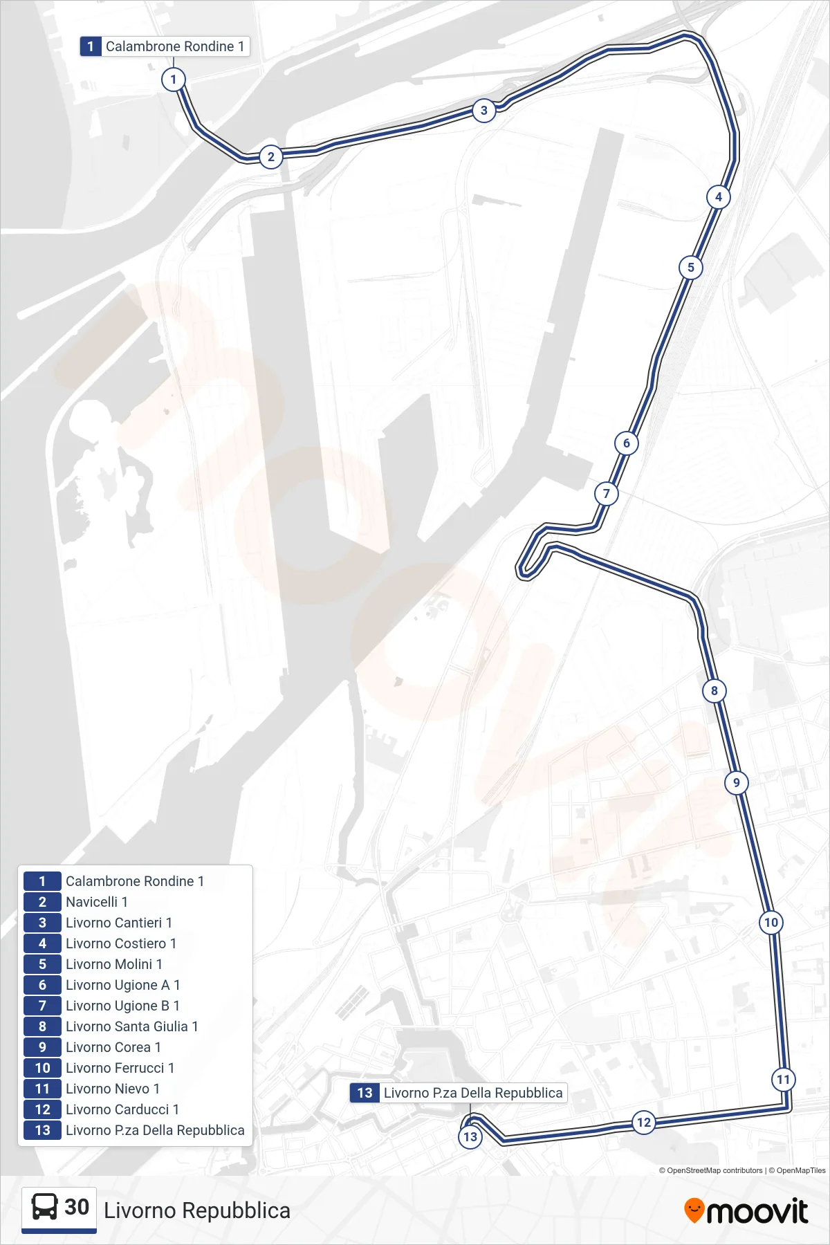 Linea 30 bus (Livorno Repubblica) - Percorsi e fermate sulla mappa