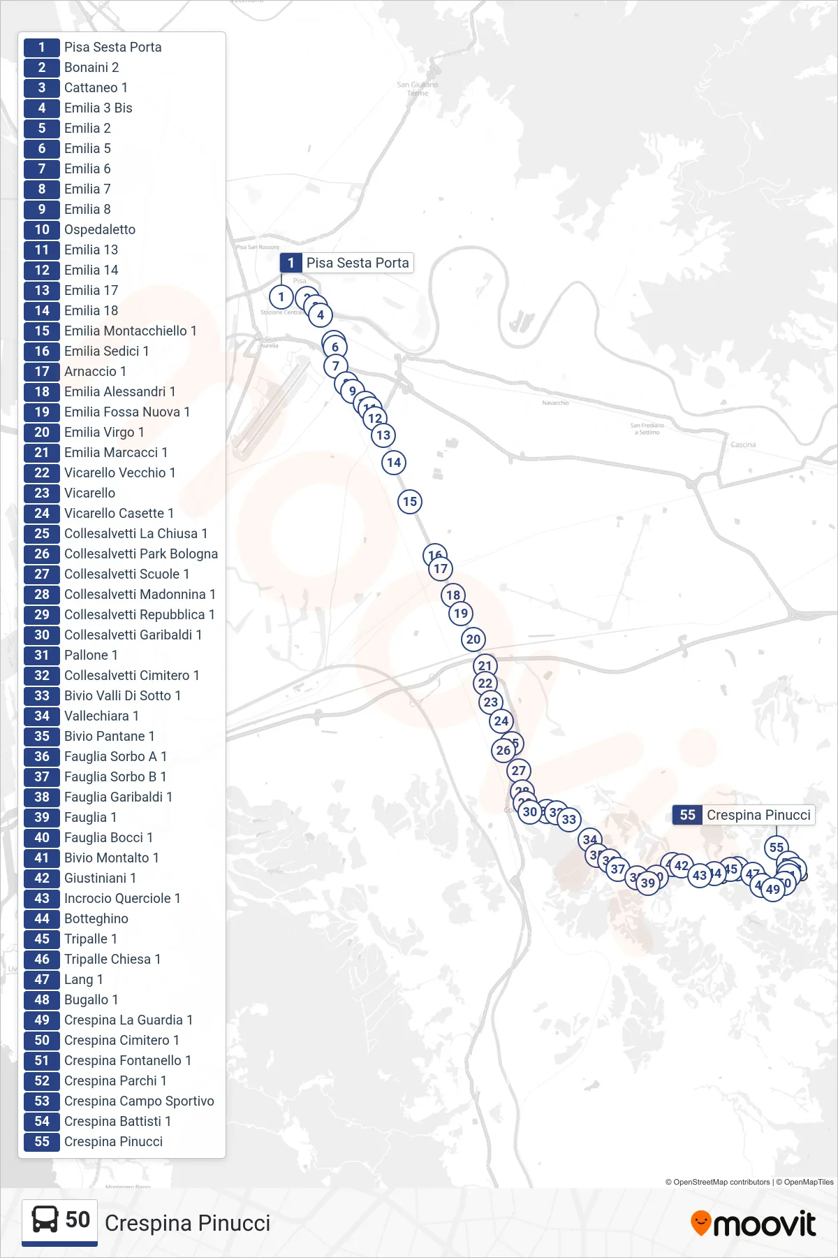 Linea 50 bus (Crespina Pinucci) - Percorsi e fermate sulla mappa