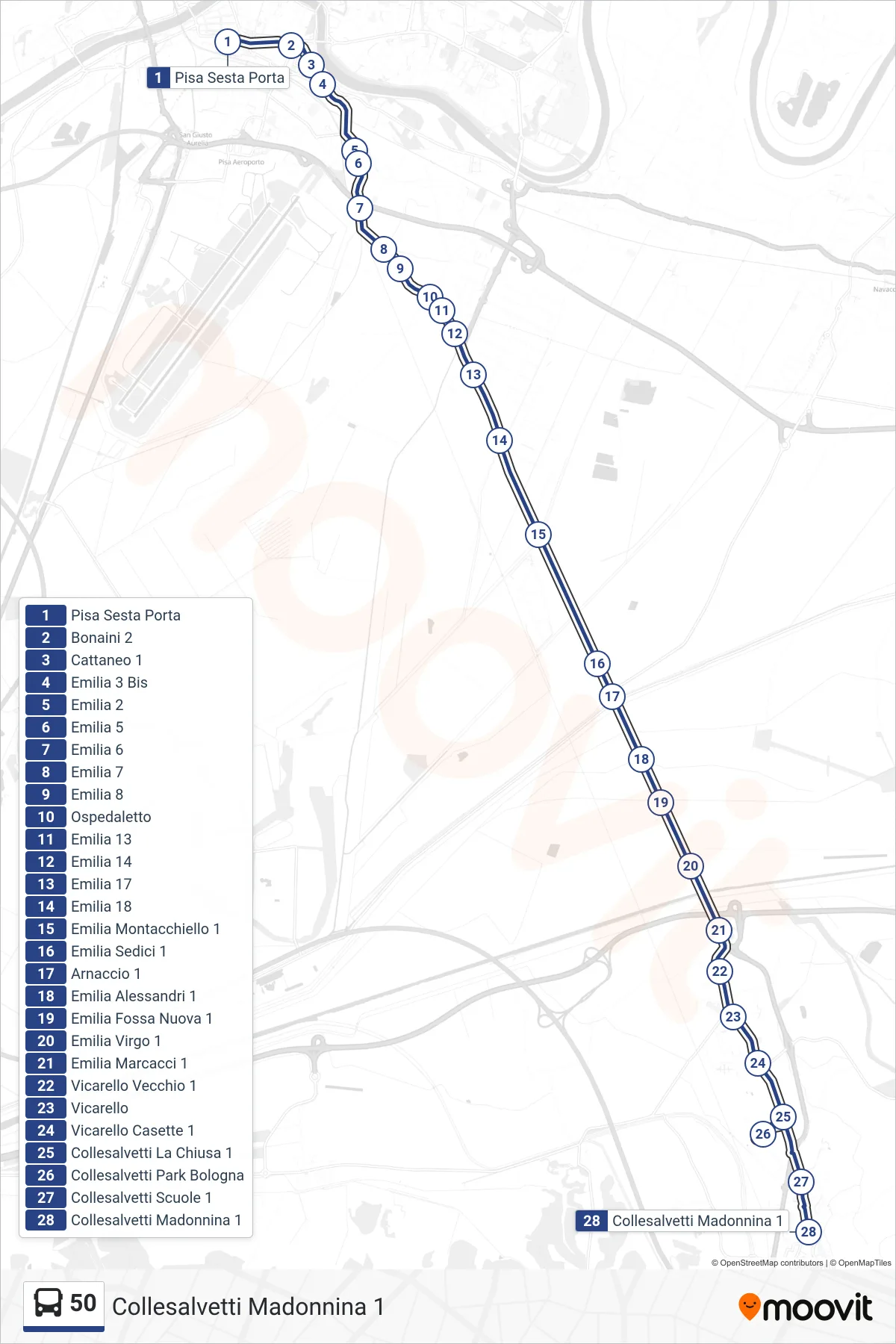 Linea 50 bus (Collesalvetti Madonnina 1) - Percorsi e fermate sulla mappa