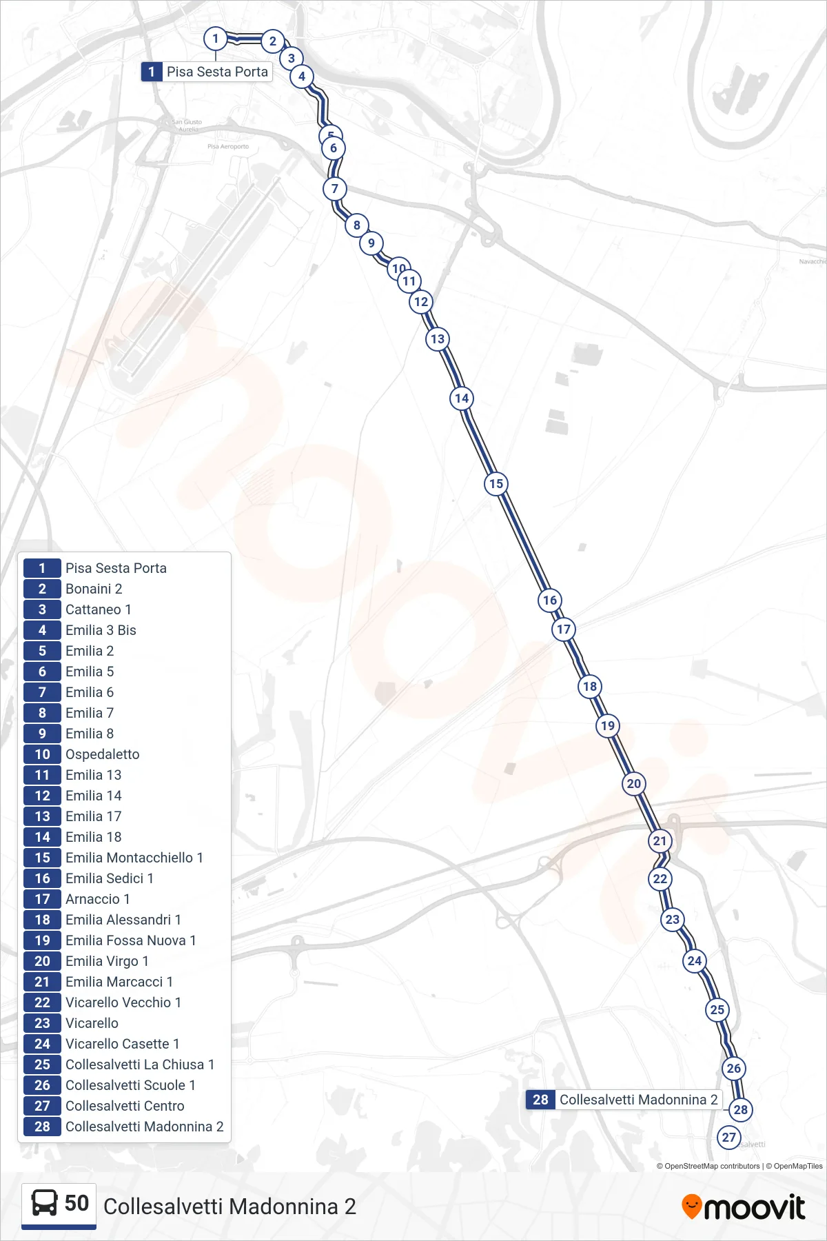Linea 50 bus (Collesalvetti Madonnina 2) - Percorsi e fermate sulla mappa