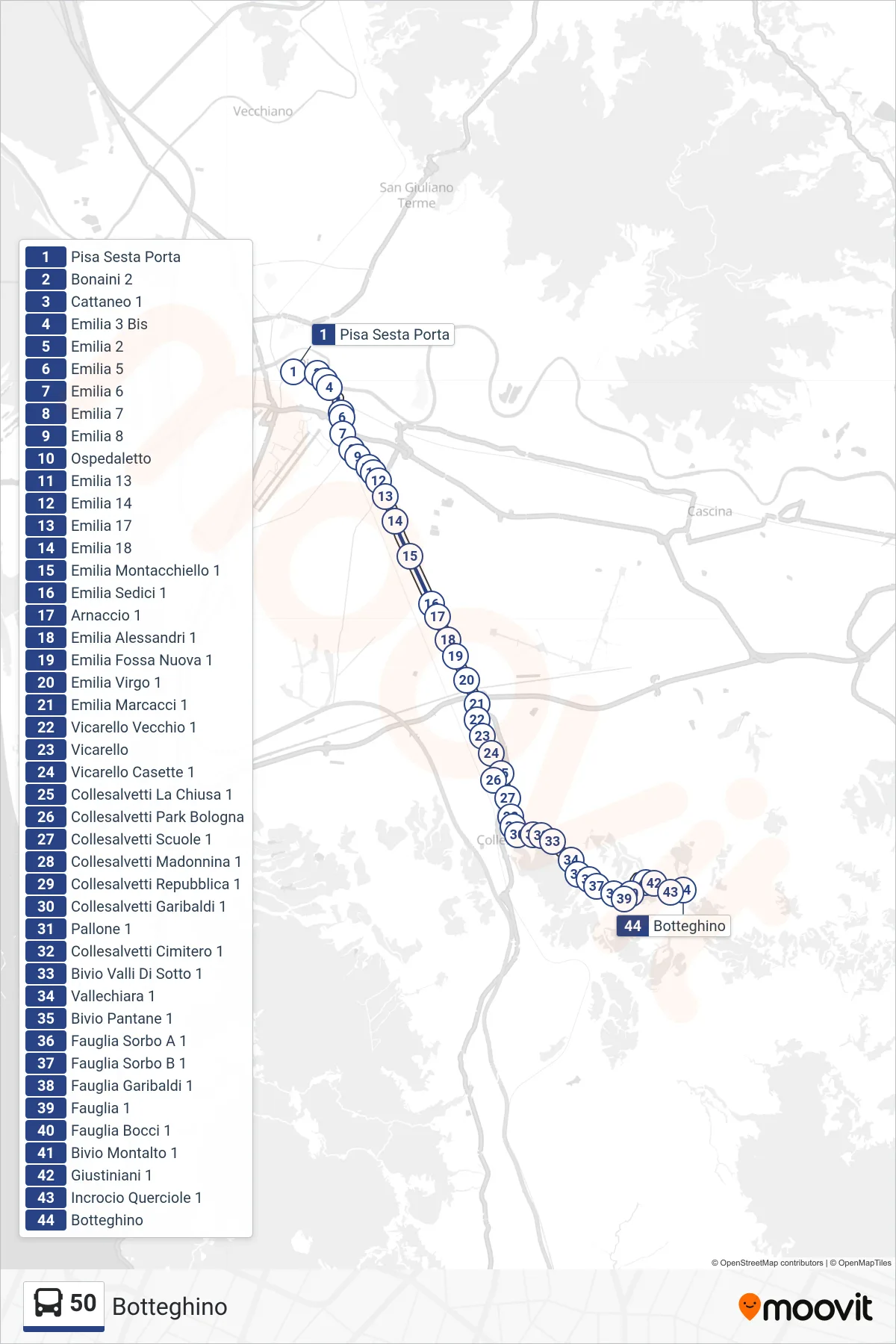 Linea 50 bus (Botteghino) - Percorsi e fermate sulla mappa