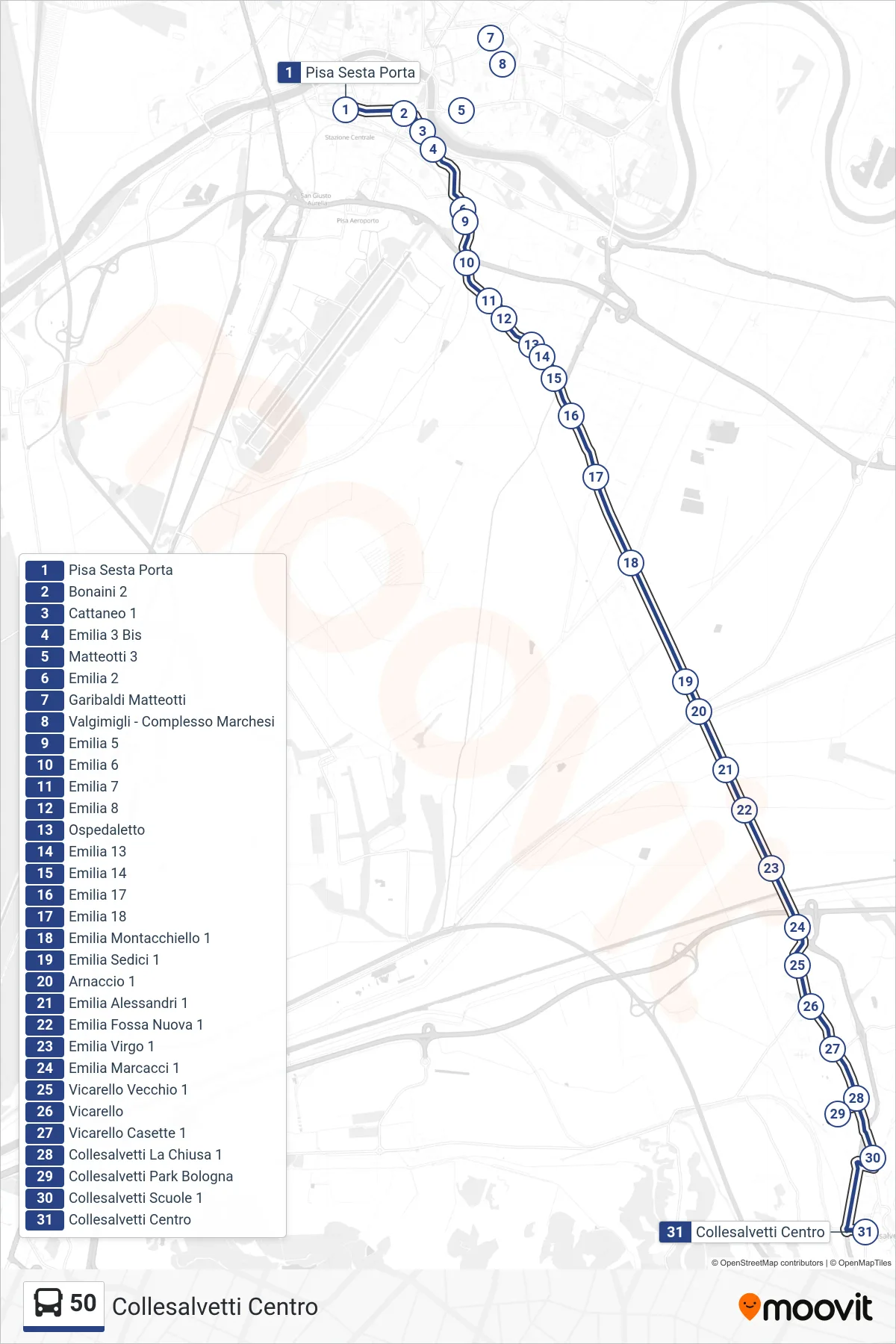 Linea 50 bus (Collesalvetti Centro) - Percorsi e fermate sulla mappa