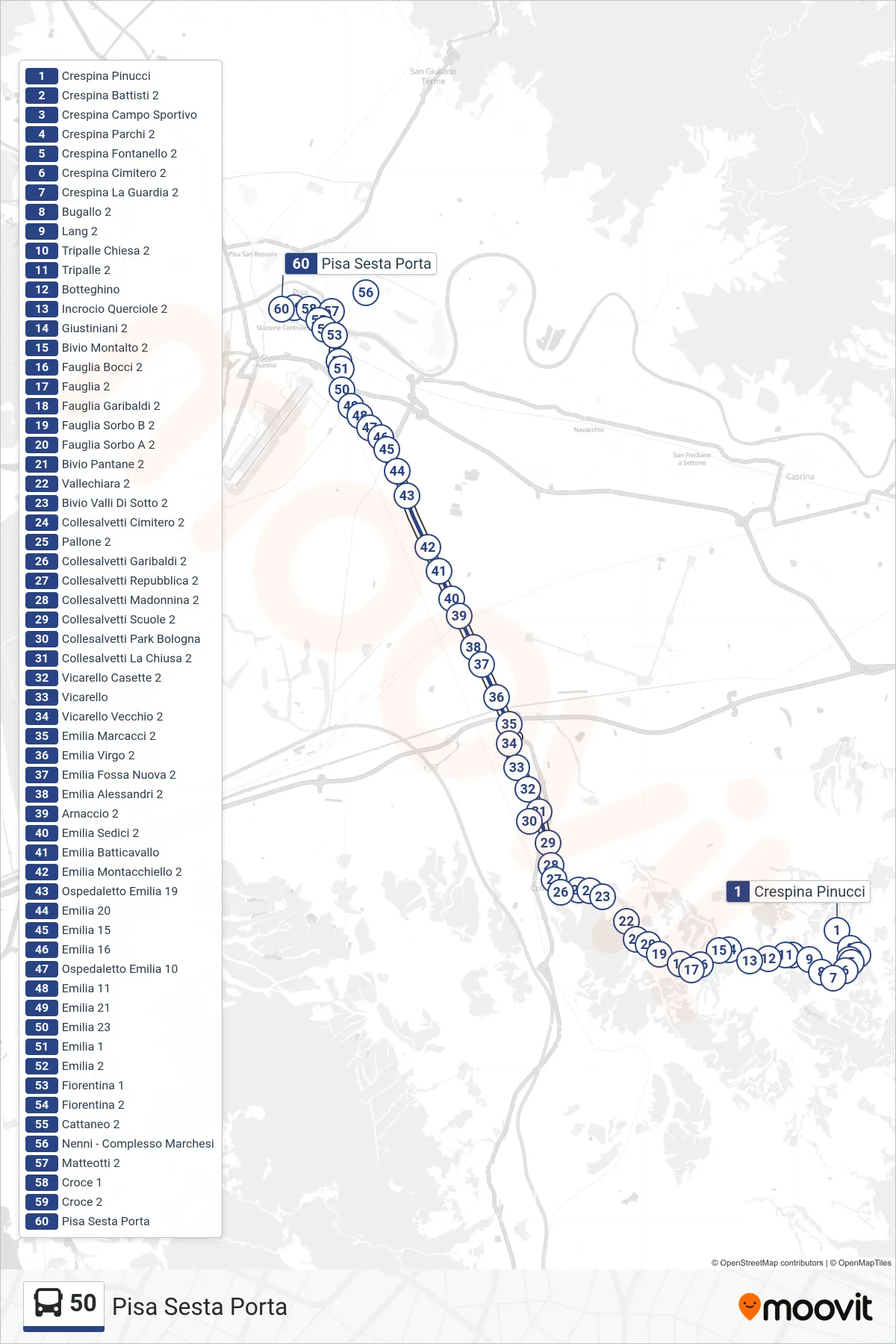 Linea 50 bus (Pisa Sesta Porta) - Percorsi e fermate sulla mappa