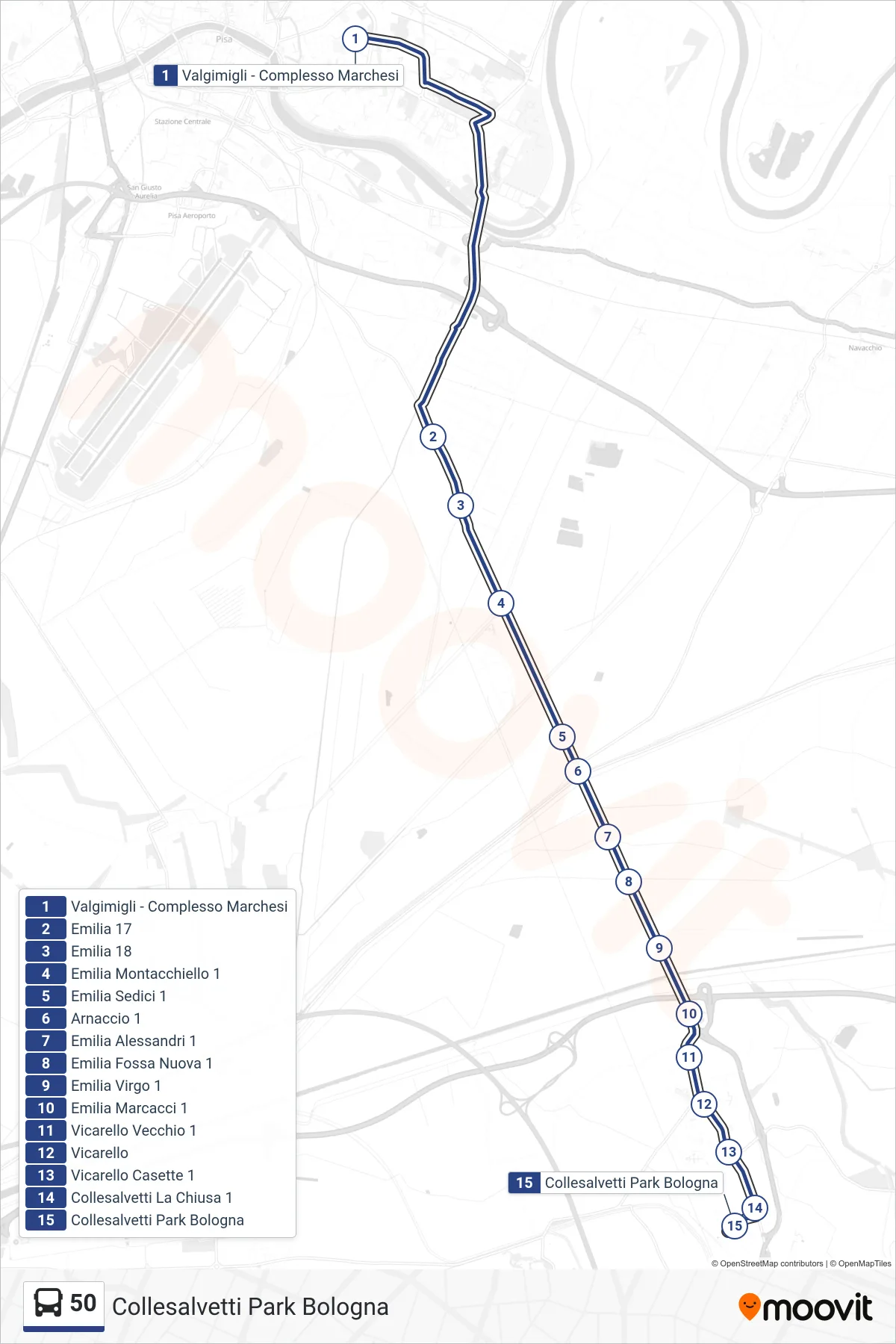Linea 50  bus (Collesalvetti Park Bologna) - Percorsi e fermate sulla mappa