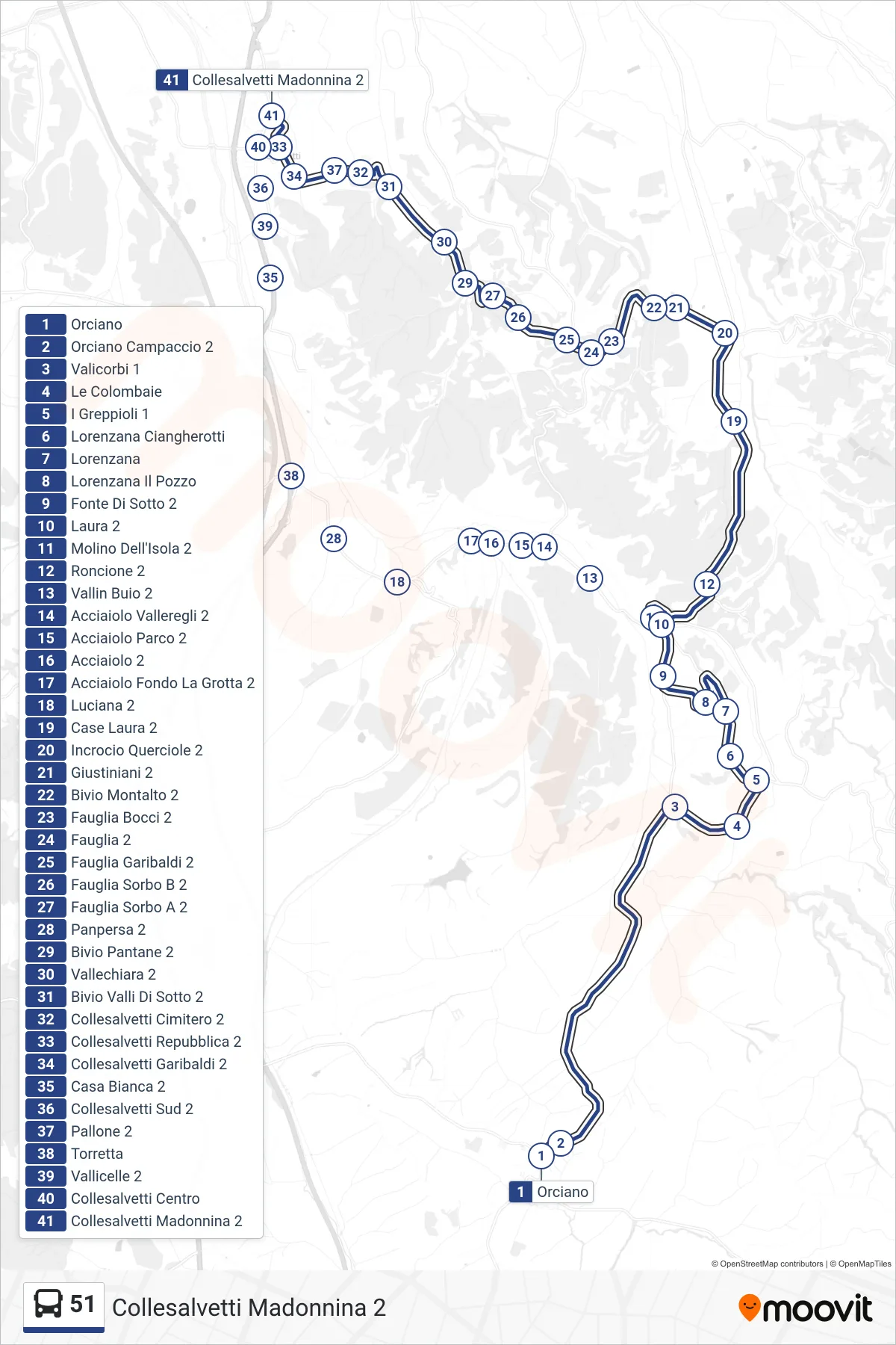 Linea 51 bus (Collesalvetti Madonnina 2) - Percorsi e fermate sulla mappa