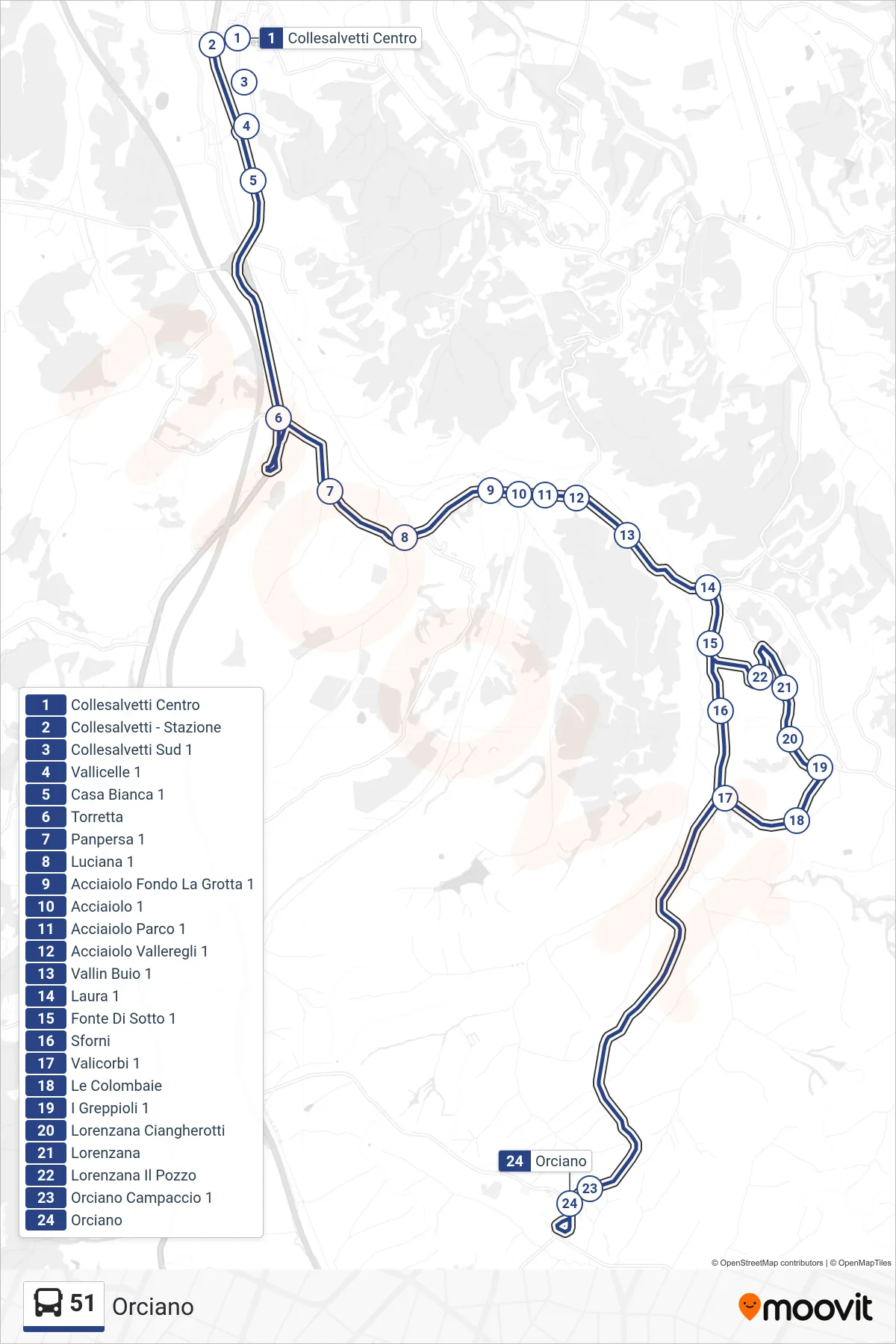 Linea 51  bus (Orciano) - Percorsi e fermate sulla mappa