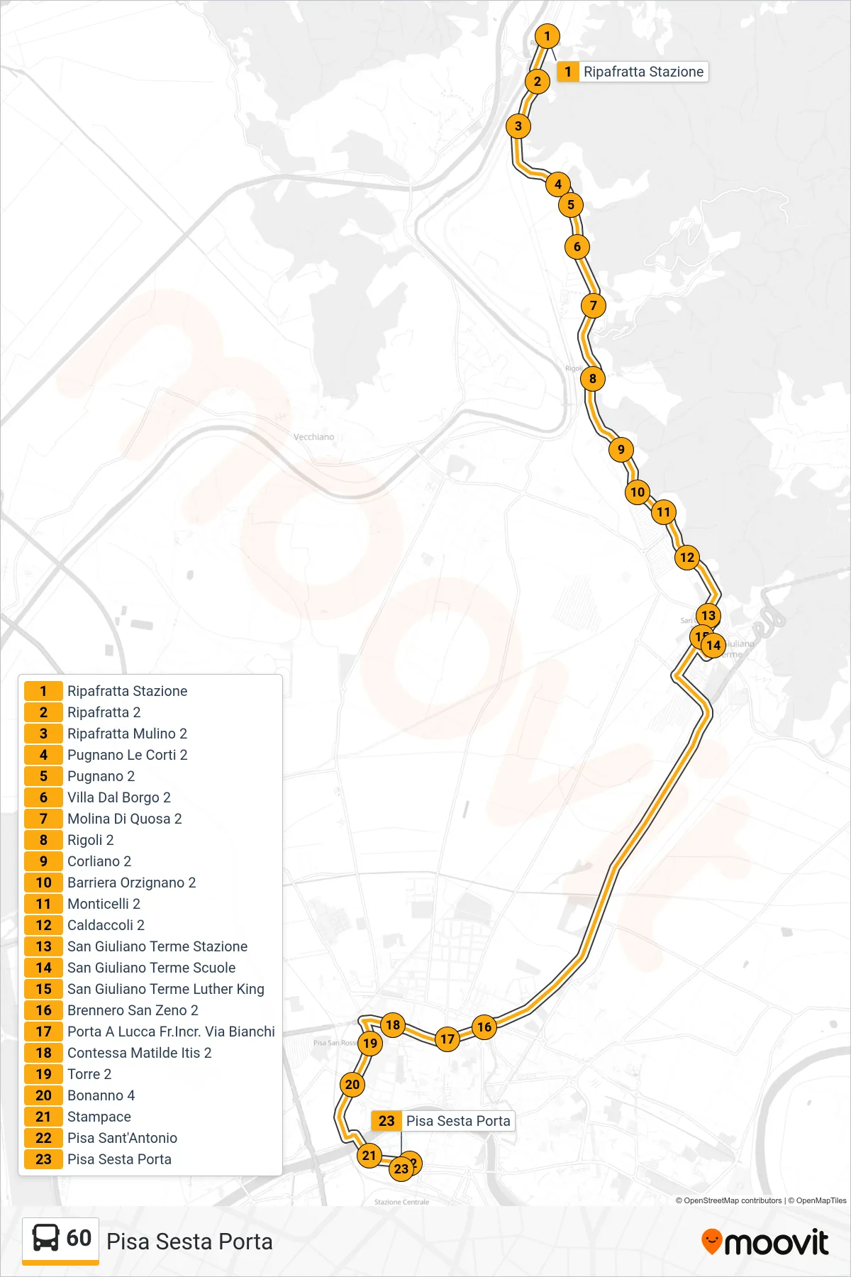 Linea 60  bus (Pisa Sesta Porta) - Percorsi e fermate sulla mappa