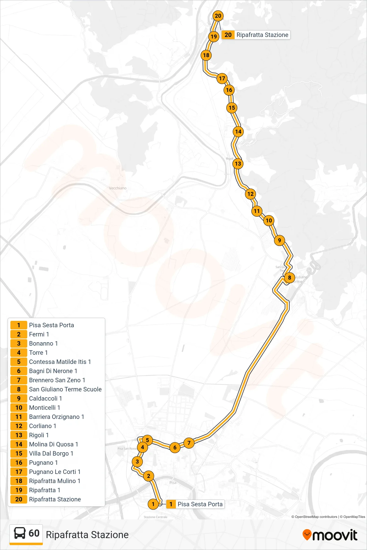 Linea 60  bus (Ripafratta Stazione) - Percorsi e fermate sulla mappa