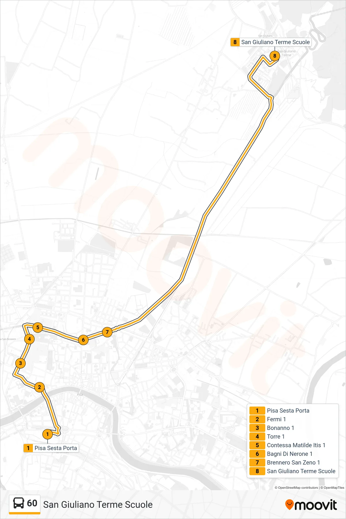 Linea 60 bus (San Giuliano Terme Scuole) - Percorsi e fermate sulla mappa