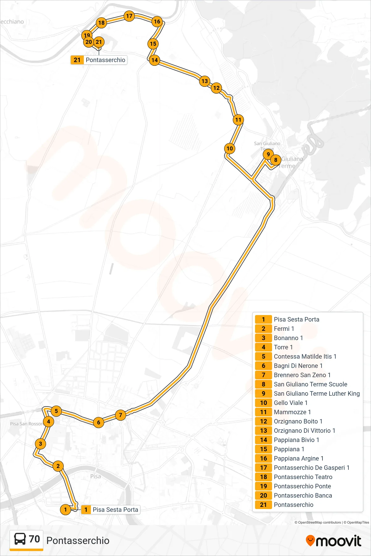 Linea 70  bus (Pontasserchio) - Percorsi e fermate sulla mappa