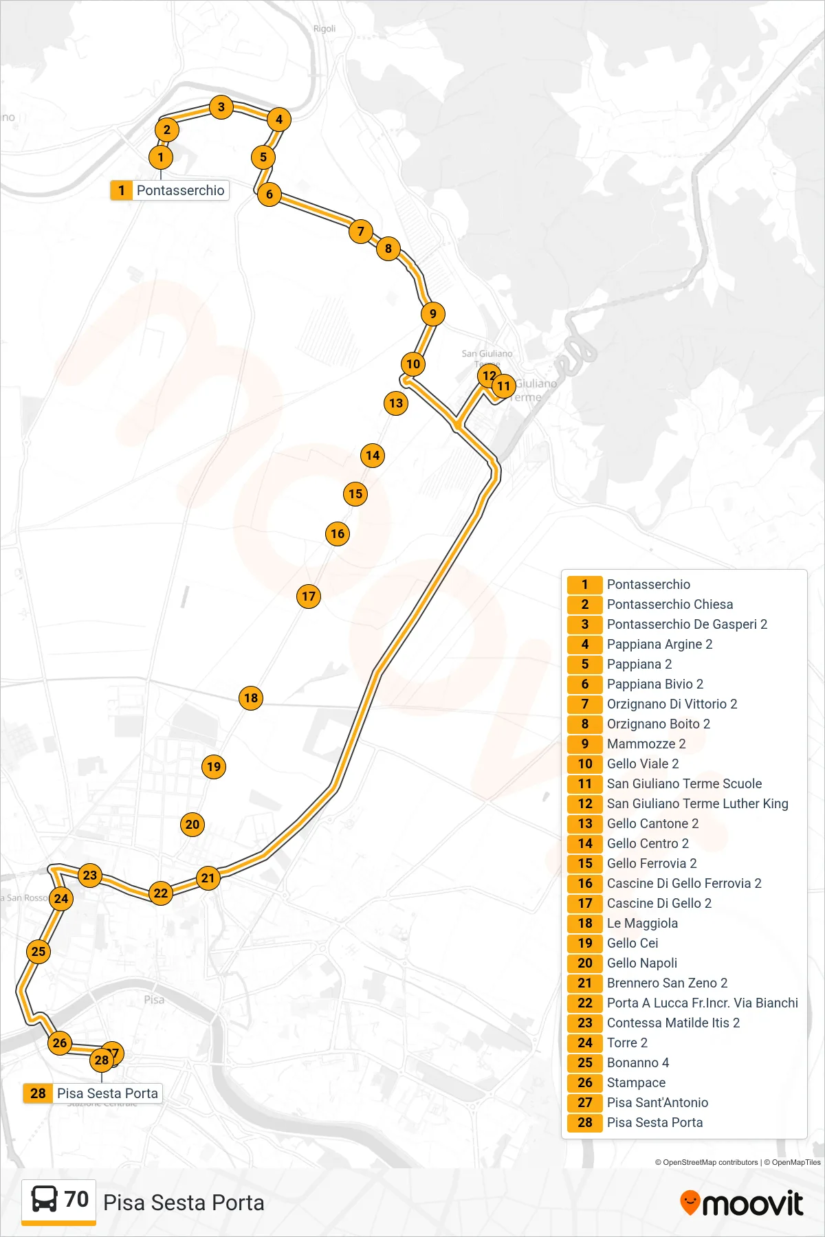 Linea 70 bus (Pisa Sesta Porta) - Percorsi e fermate sulla mappa