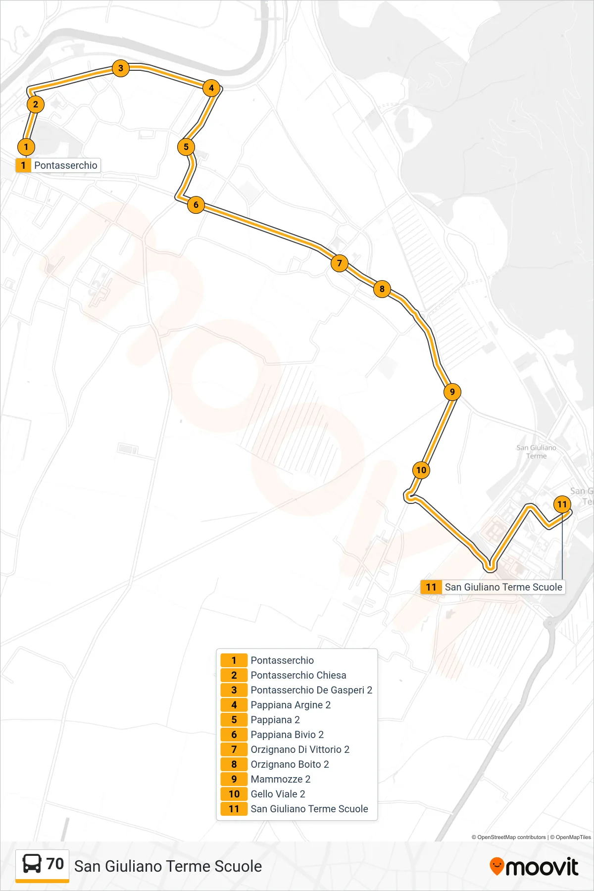 Linea 70  bus (San Giuliano Terme Scuole) - Percorsi e fermate sulla mappa