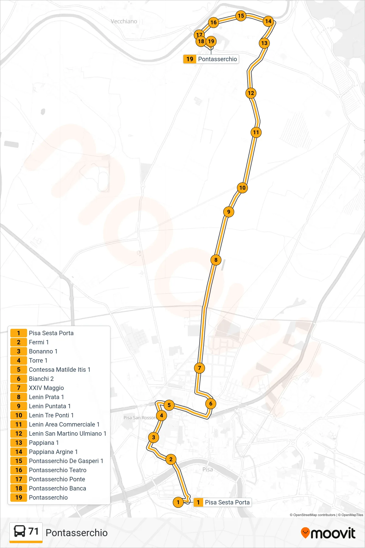 Linea 71 bus (Pontasserchio) - Percorsi e fermate sulla mappa