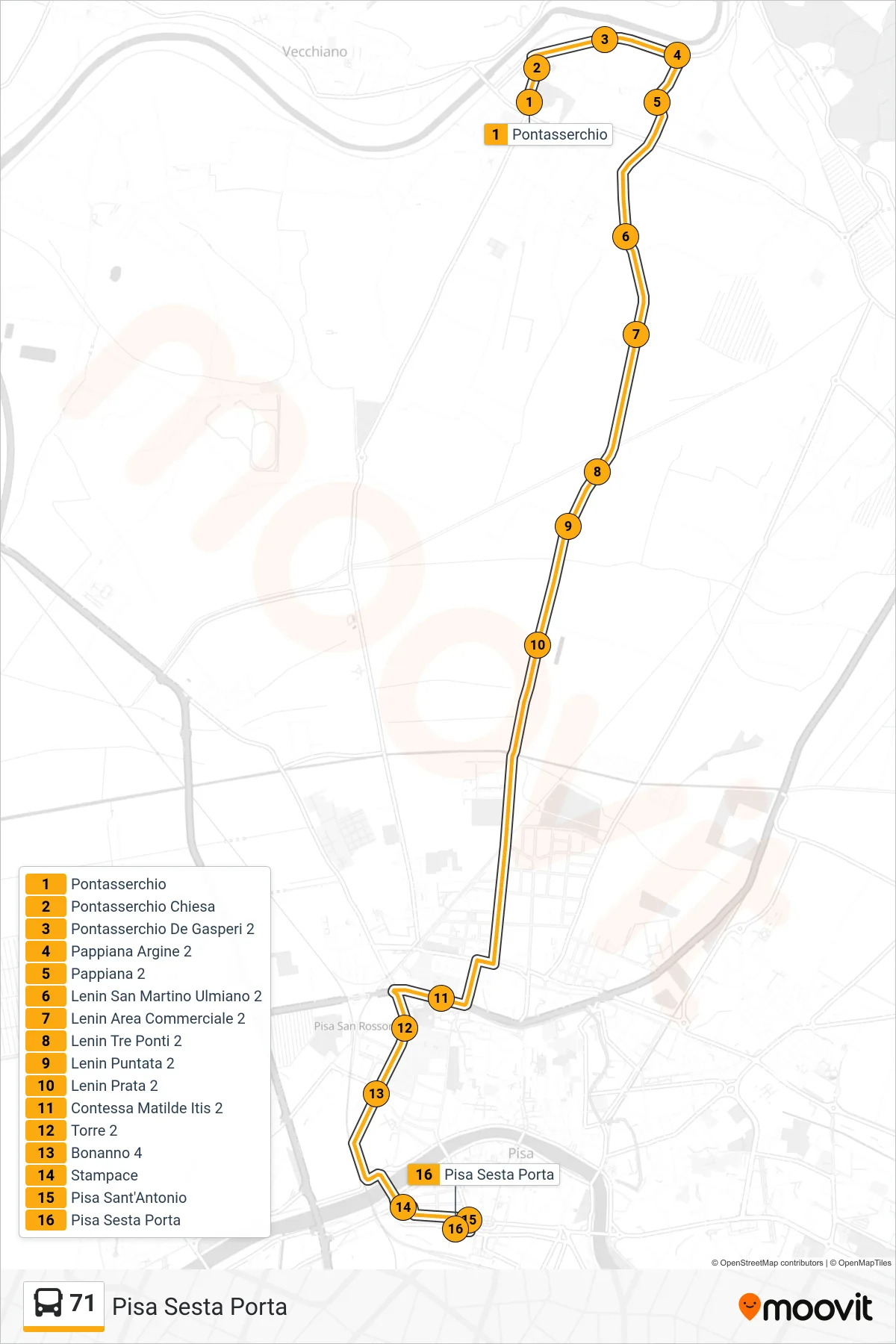 Linea 71 bus (Pisa Sesta Porta) - Percorsi e fermate sulla mappa