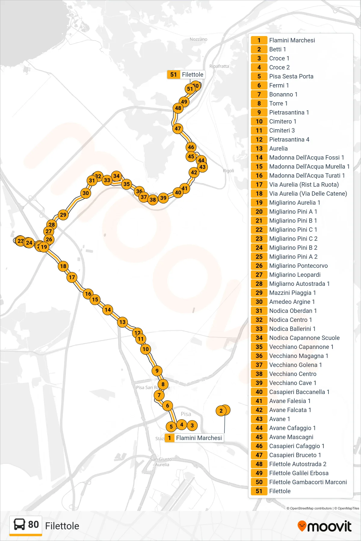 Linea 80 bus (Filettole) - Percorsi e fermate sulla mappa
