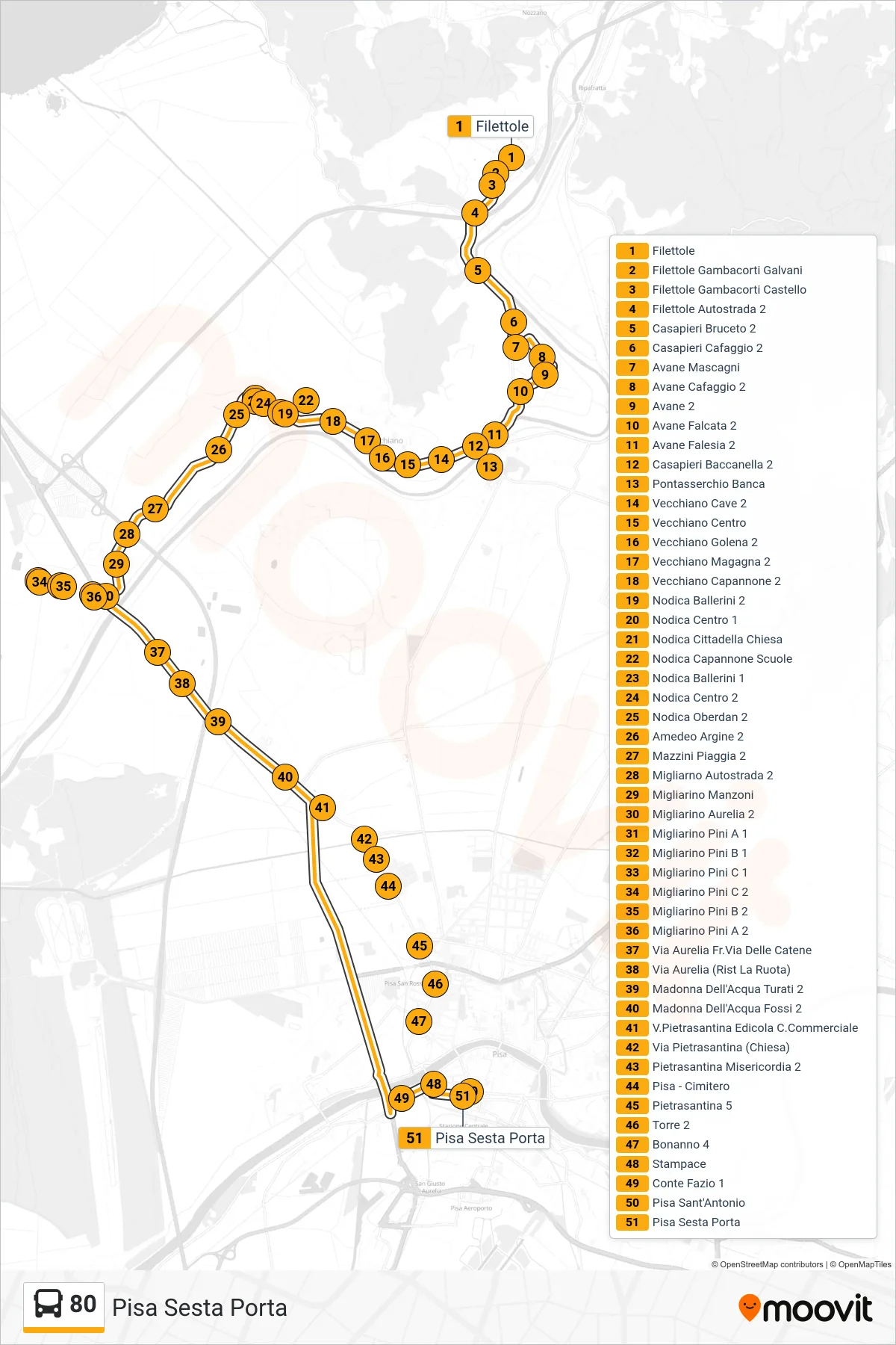 Linea 80  bus (Pisa Sesta Porta) - Percorsi e fermate sulla mappa