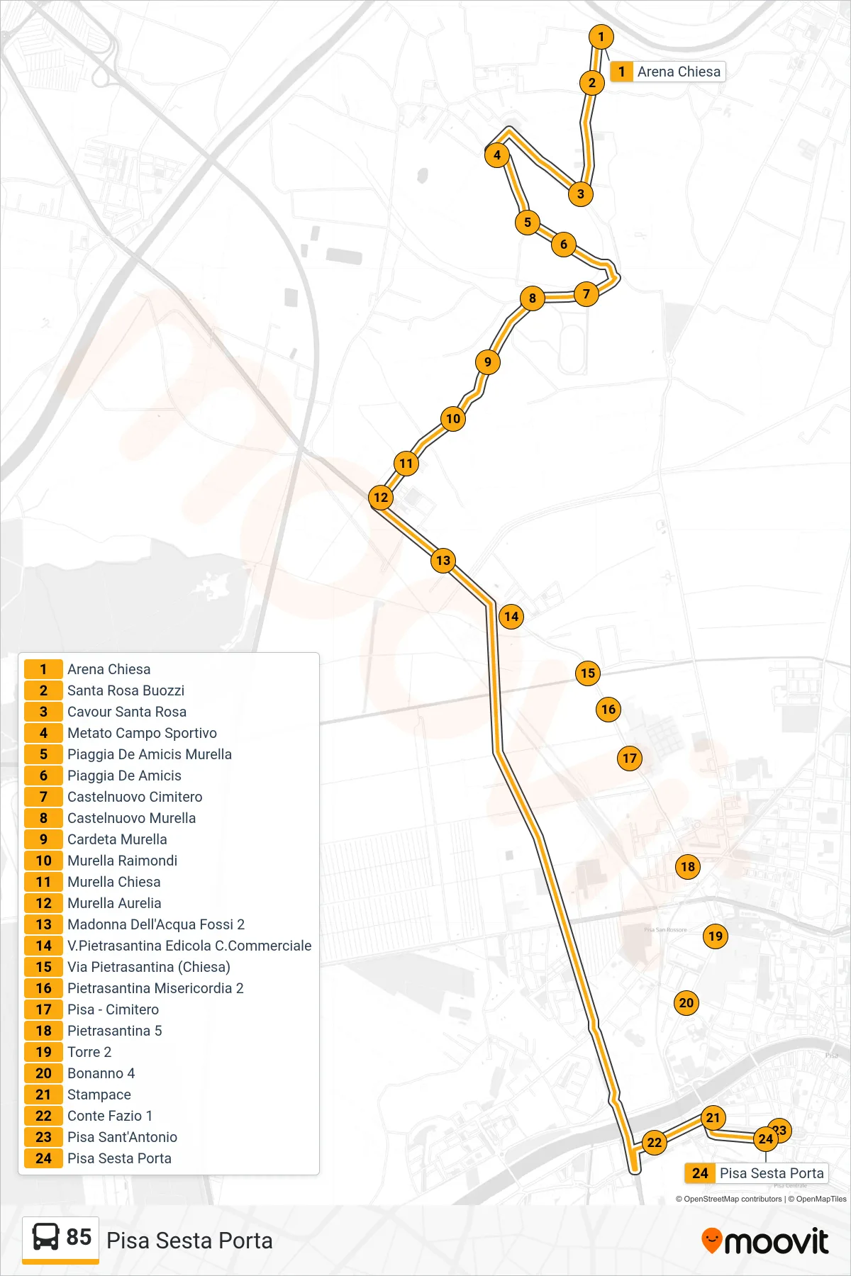 Linea 85 bus (Pisa Sesta Porta) - Percorsi e fermate sulla mappa