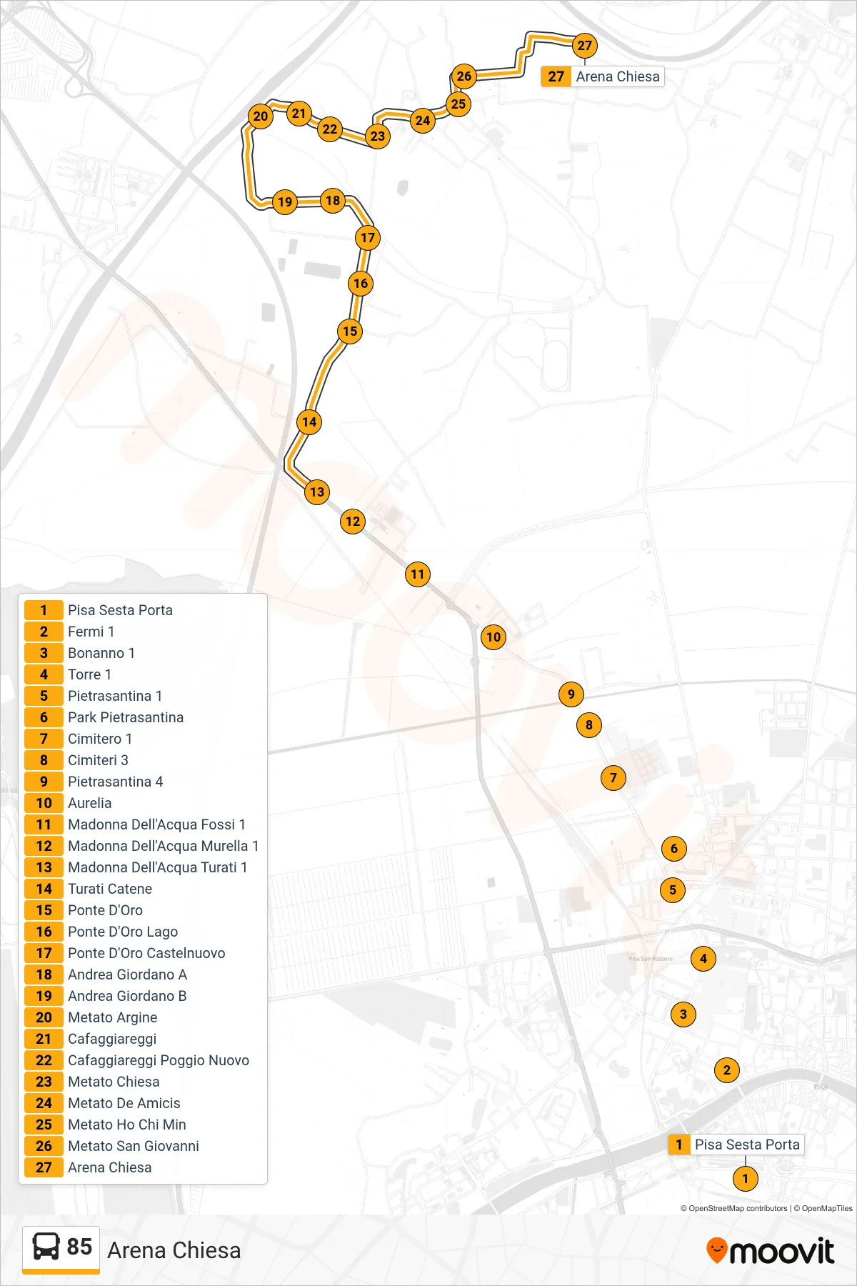 Linea 85 bus (Arena Chiesa) - Percorsi e fermate sulla mappa