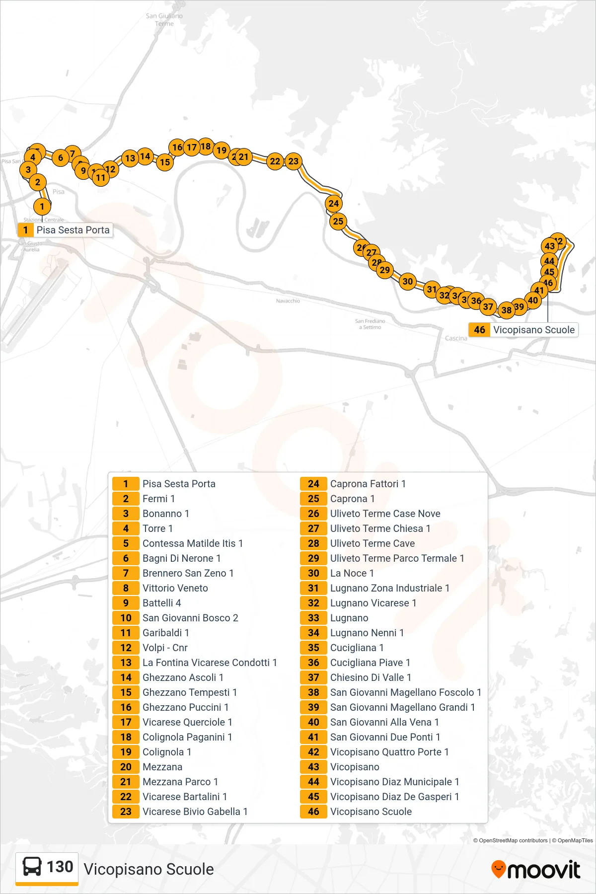 Linea 130 bus (Vicopisano Scuole) - Percorsi e fermate sulla mappa