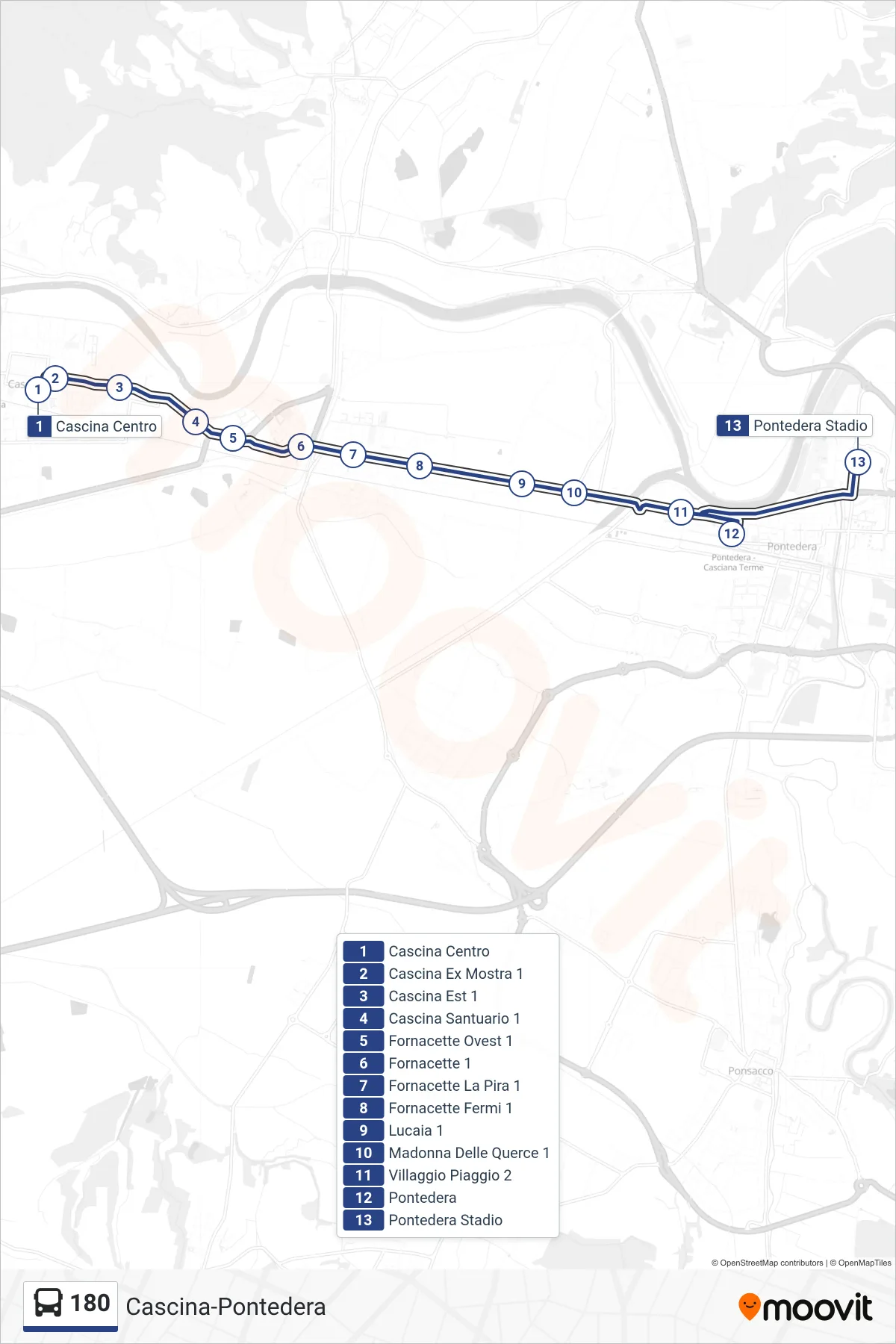 Linea 180 bus (Pontedera Stadio) - Percorsi e fermate sulla mappa
